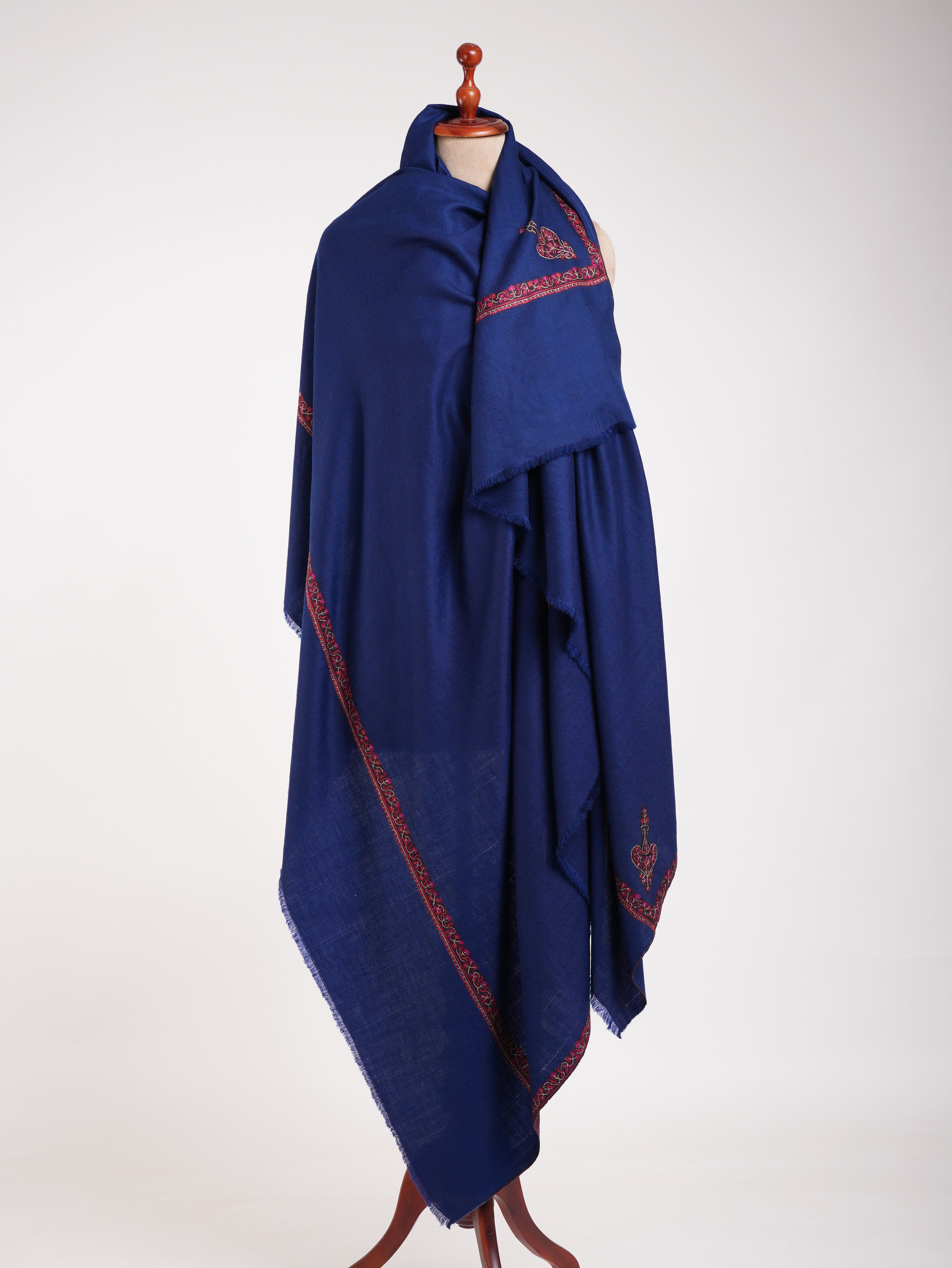 XL Dark Blue Embroidered Kashmiri Pashmina