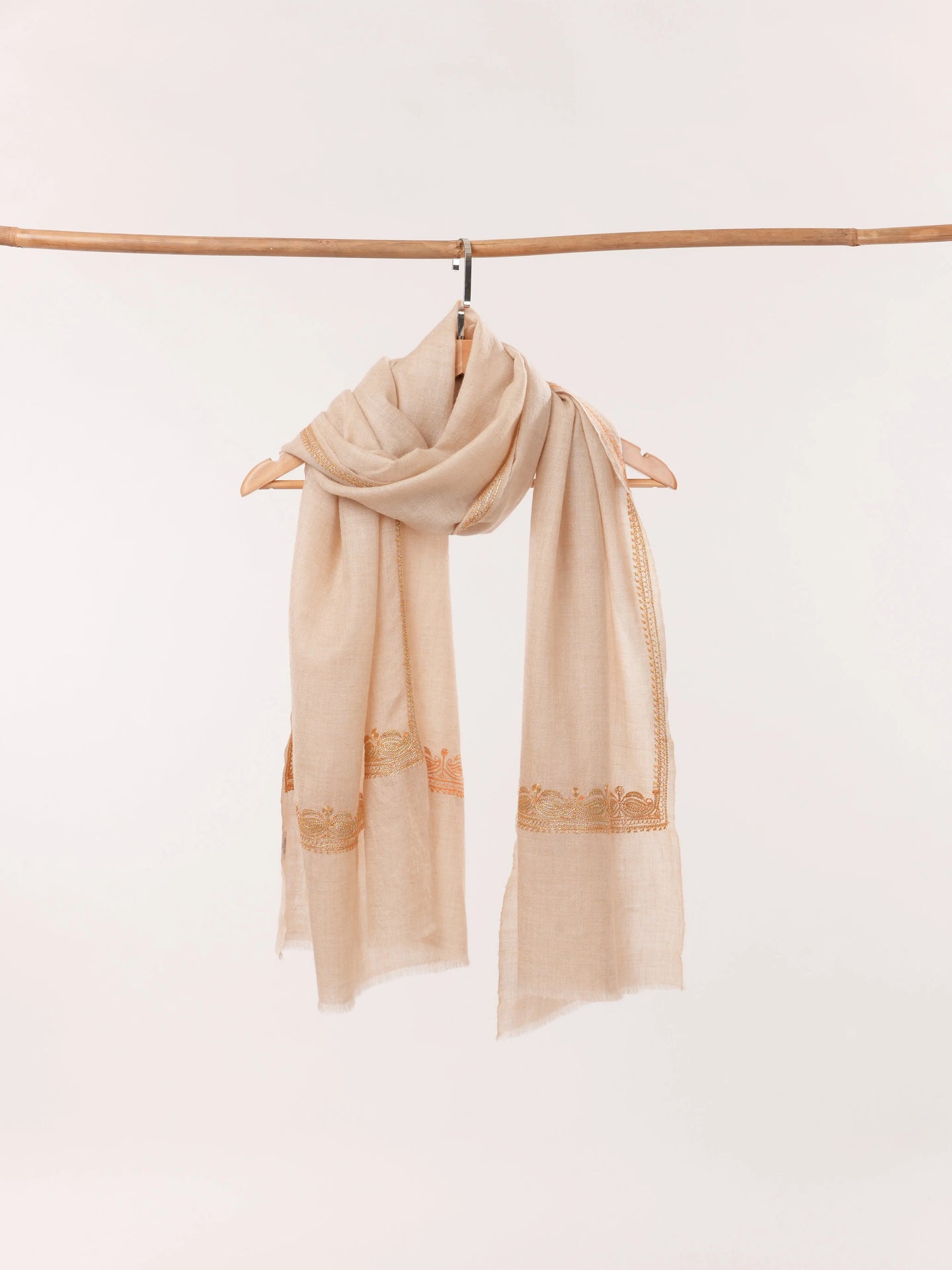 Natural Off White Cashmere Scarf with Gold Tilla Hand Embroidery Shahkaar.com