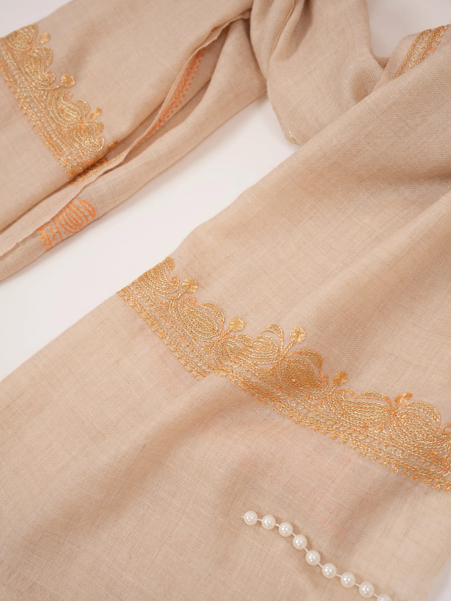 Natural Off White Cashmere Scarf with Gold Tilla Hand Embroidery Shahkaar.com