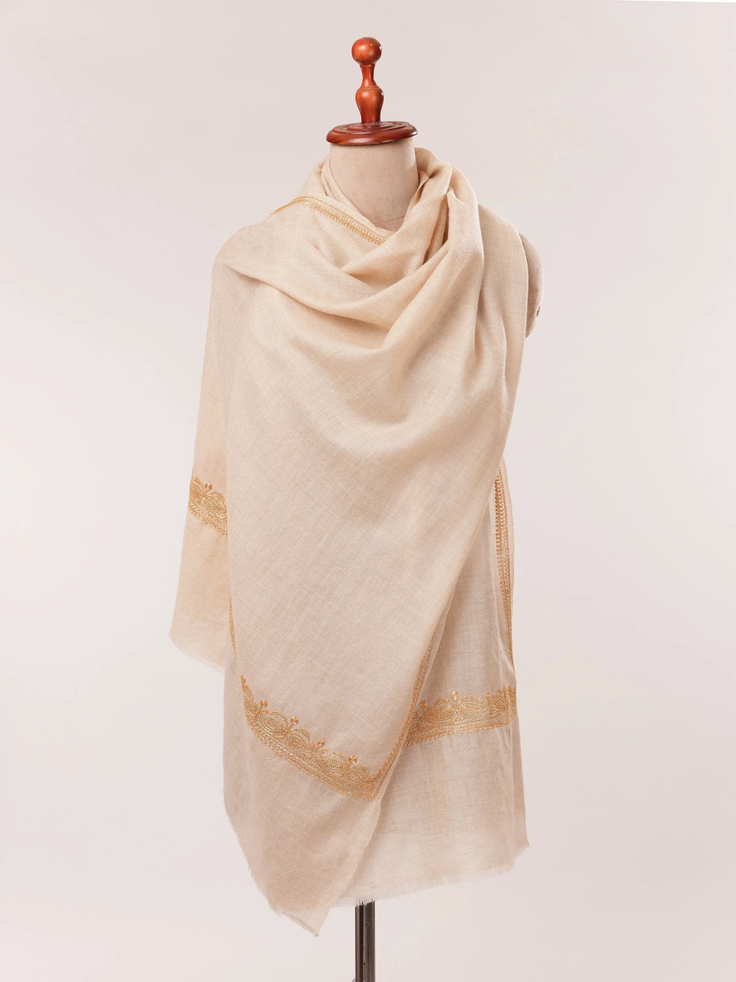 Natural Off White Cashmere Scarf with Gold Tilla Hand Embroidery Shahkaar.com