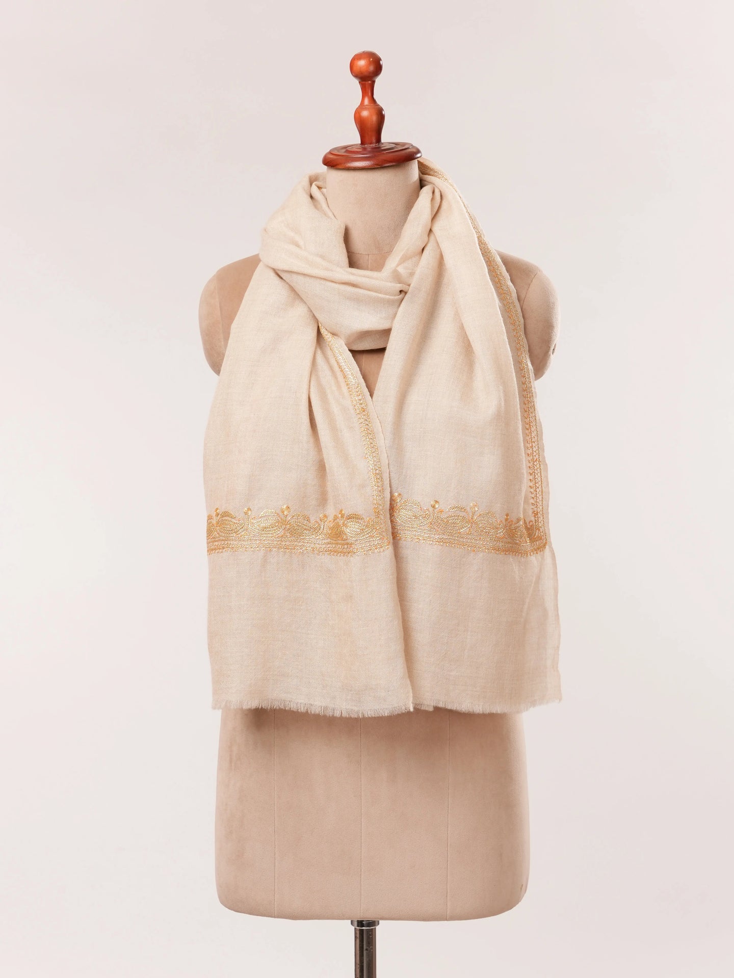 Natural Off White Cashmere Scarf with Gold Tilla Hand Embroidery Shahkaar.com