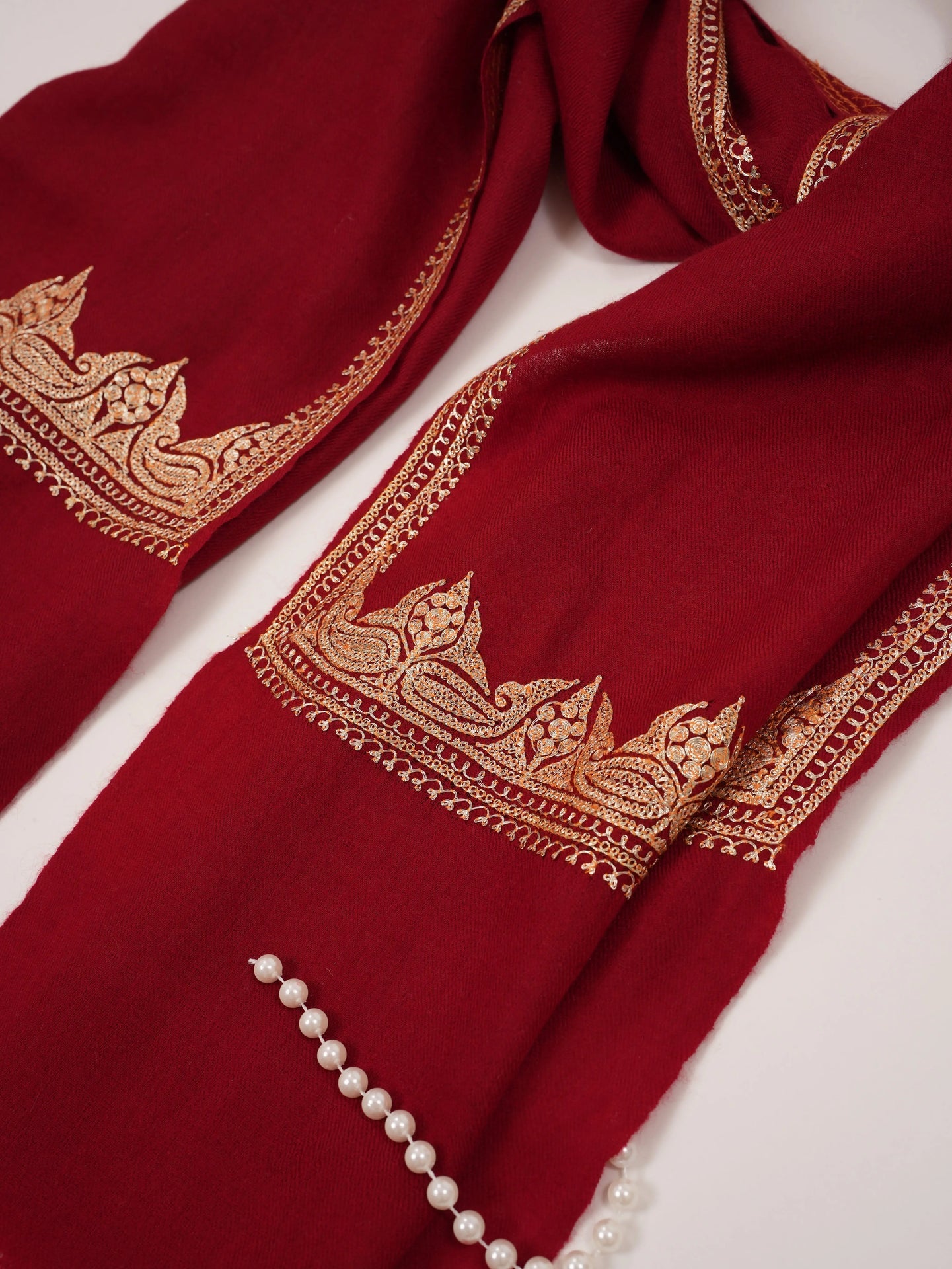 Rich Crimson Red Baby Soft Cashmere Scarf with Gold Tilla Embroidery Shahkaar.com