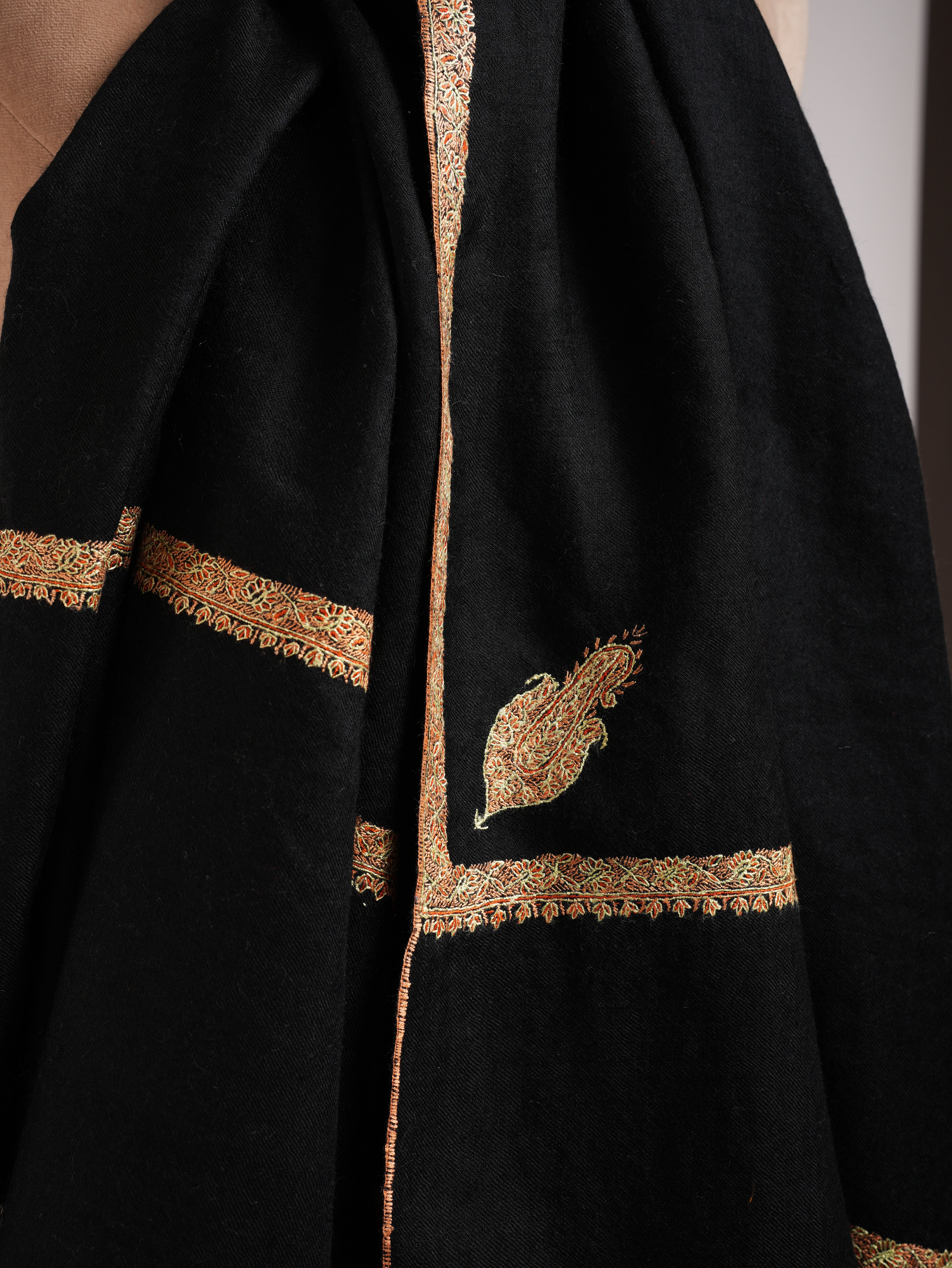 Black Pashmina Shawl with Bail Sozni Embroidery