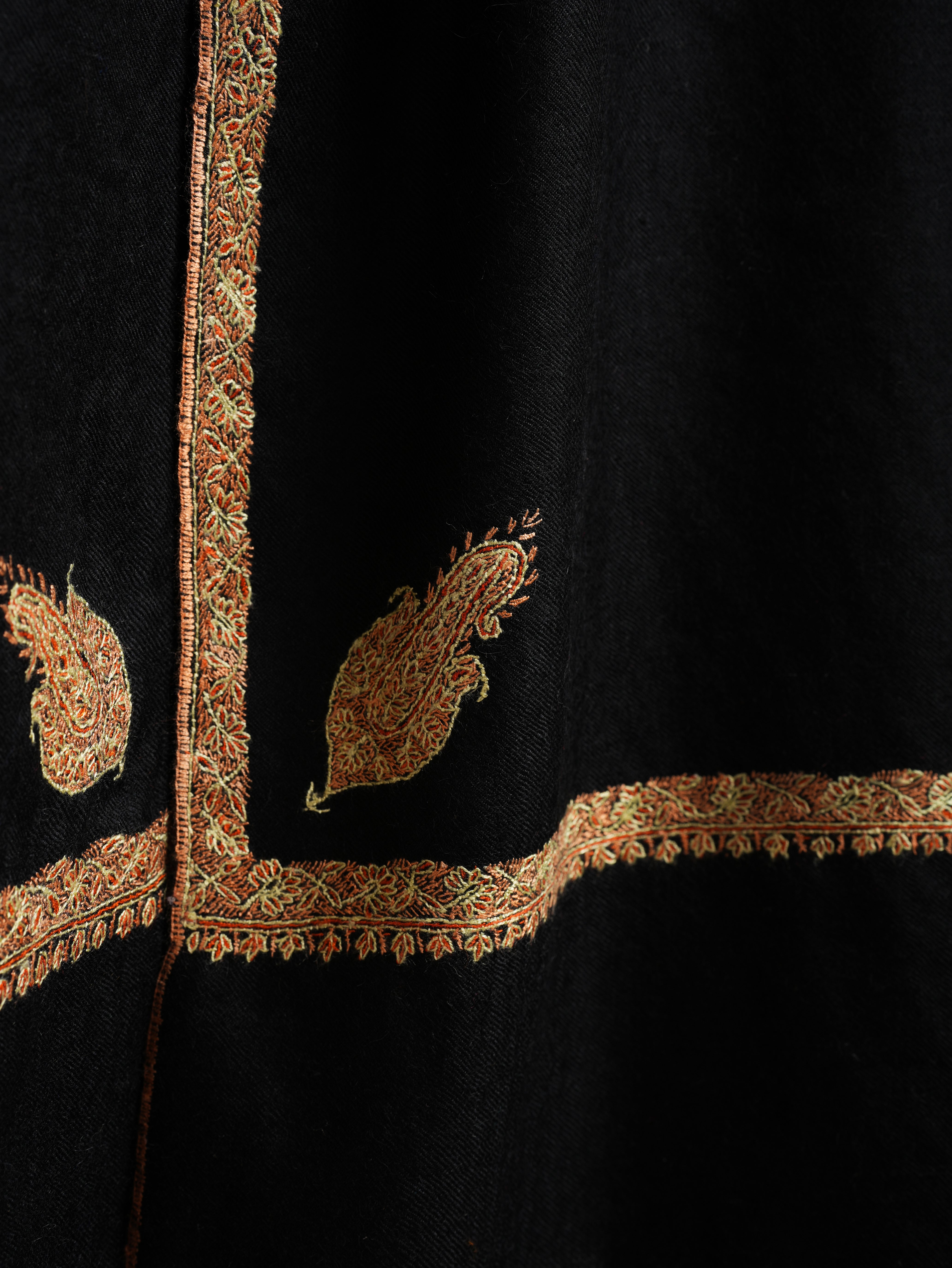 Black Pashmina Shawl with Bail Sozni Embroidery