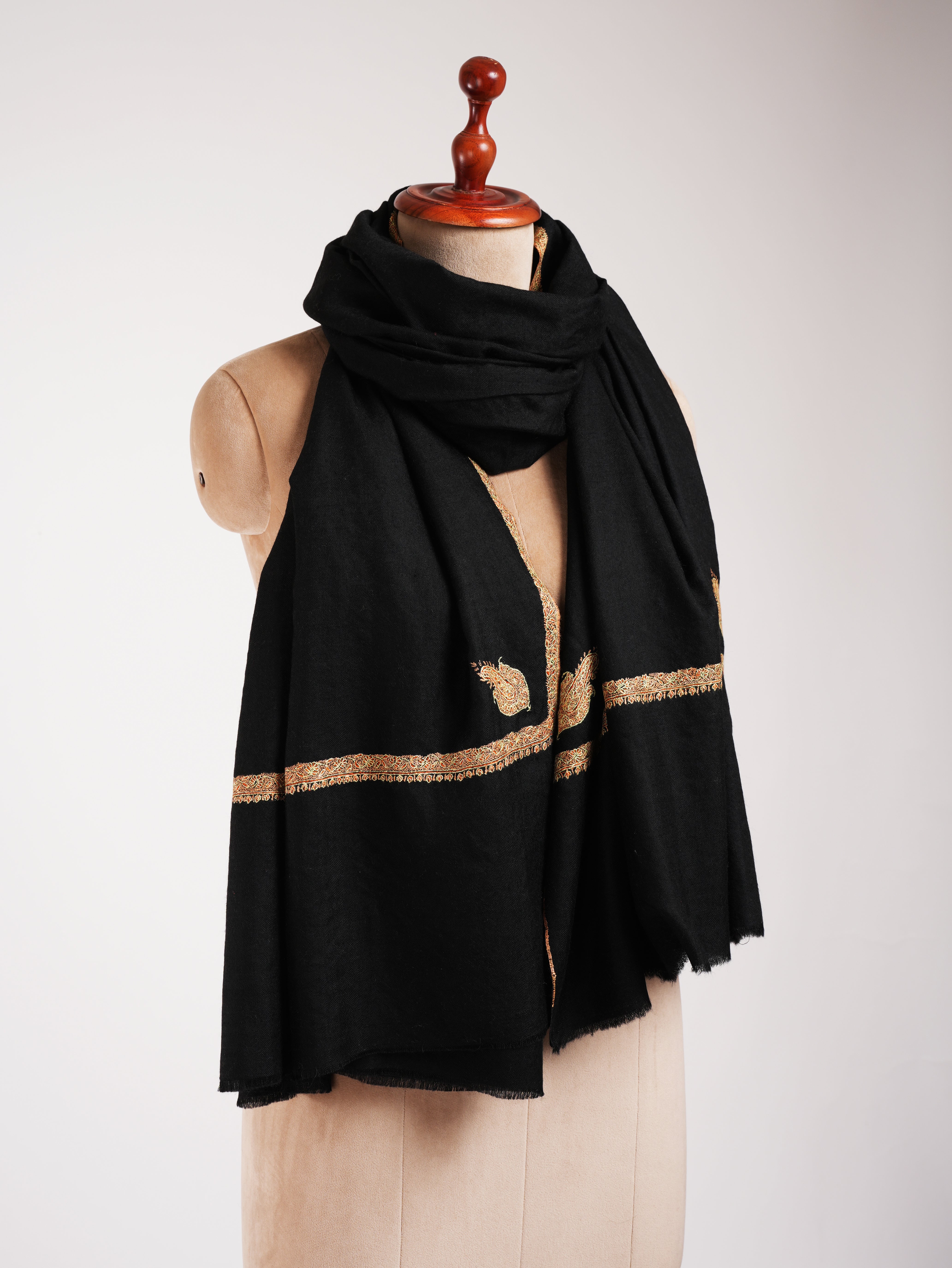 Black Pashmina Shawl with Bail Sozni Embroidery