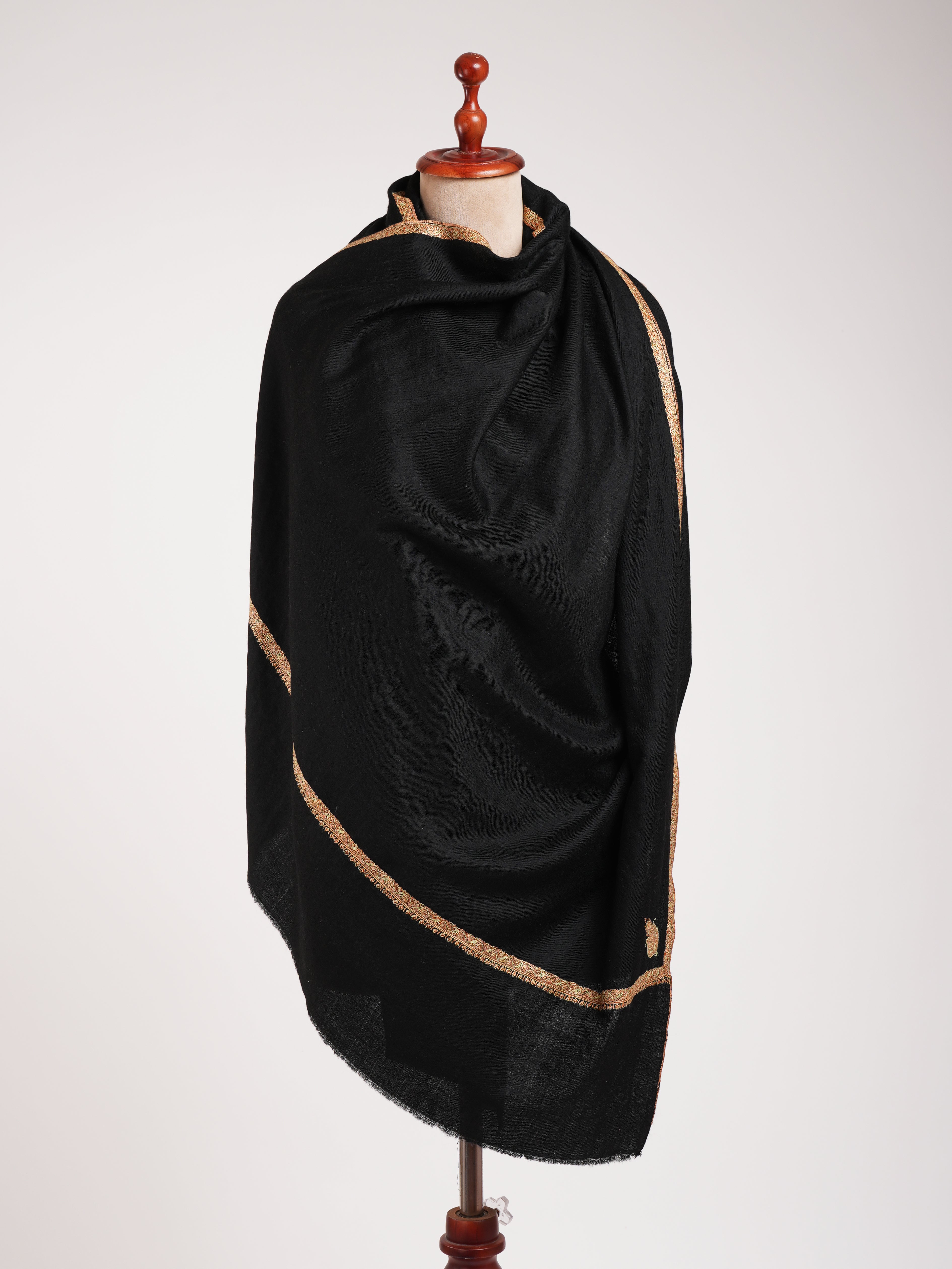 Black Pashmina Shawl with Bail Sozni Embroidery