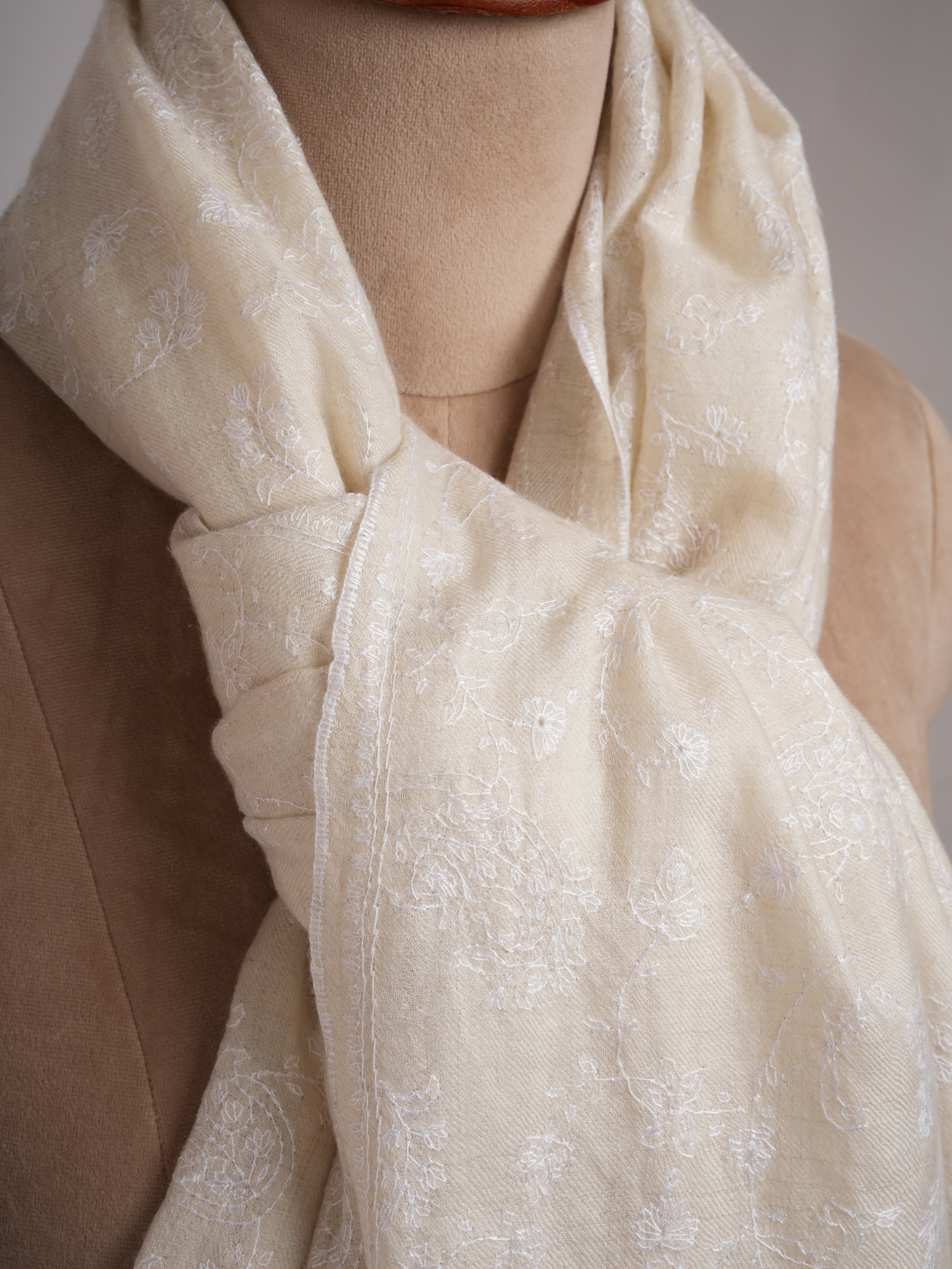 Off white Soft Pashmina Shawl with white Hand Embroidery