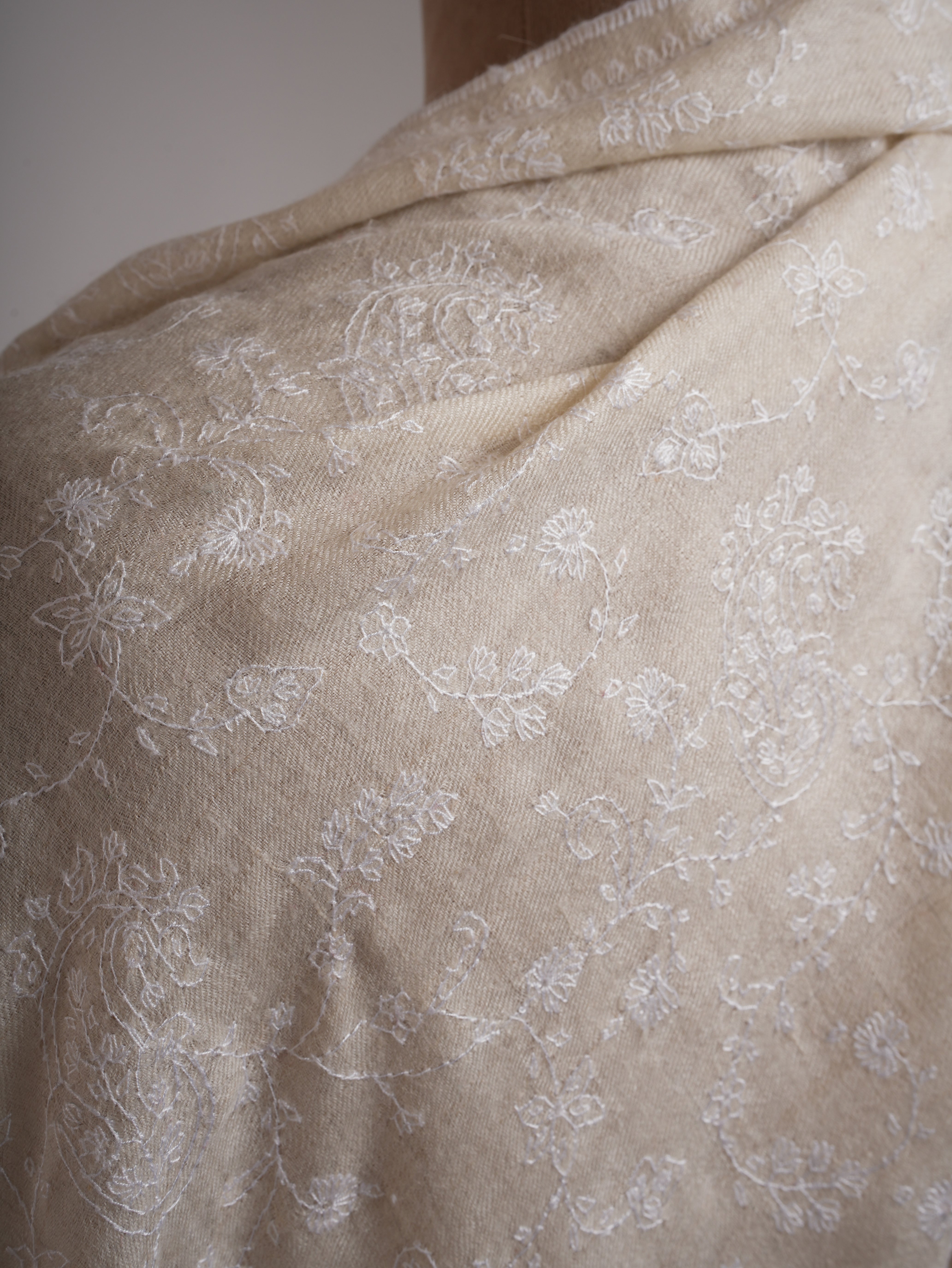 Off white Soft Pashmina Shawl with white Hand Embroidery