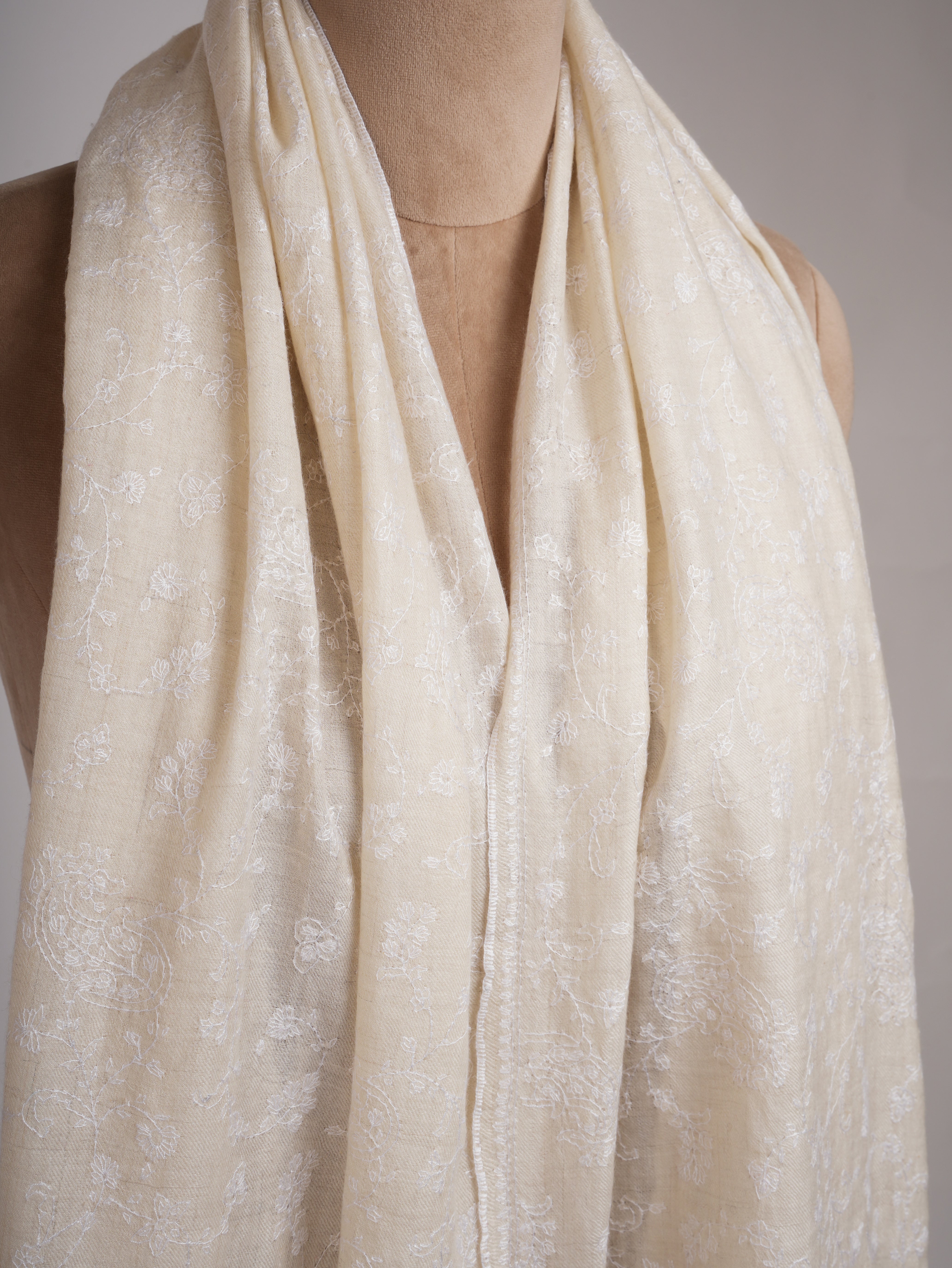 Off white Soft Pashmina Shawl with white Hand Embroidery