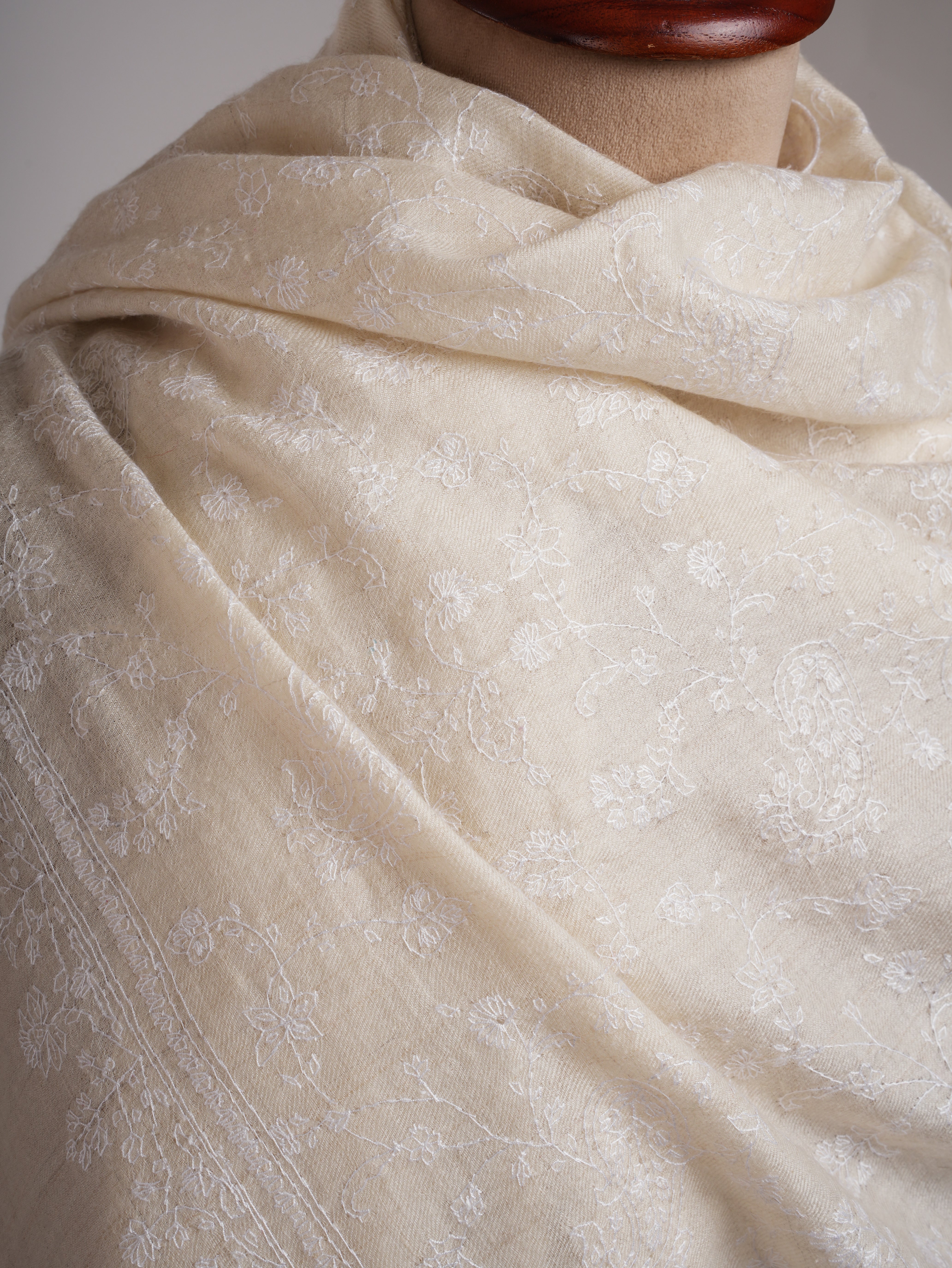 Off white Soft Pashmina Shawl with white Hand Embroidery