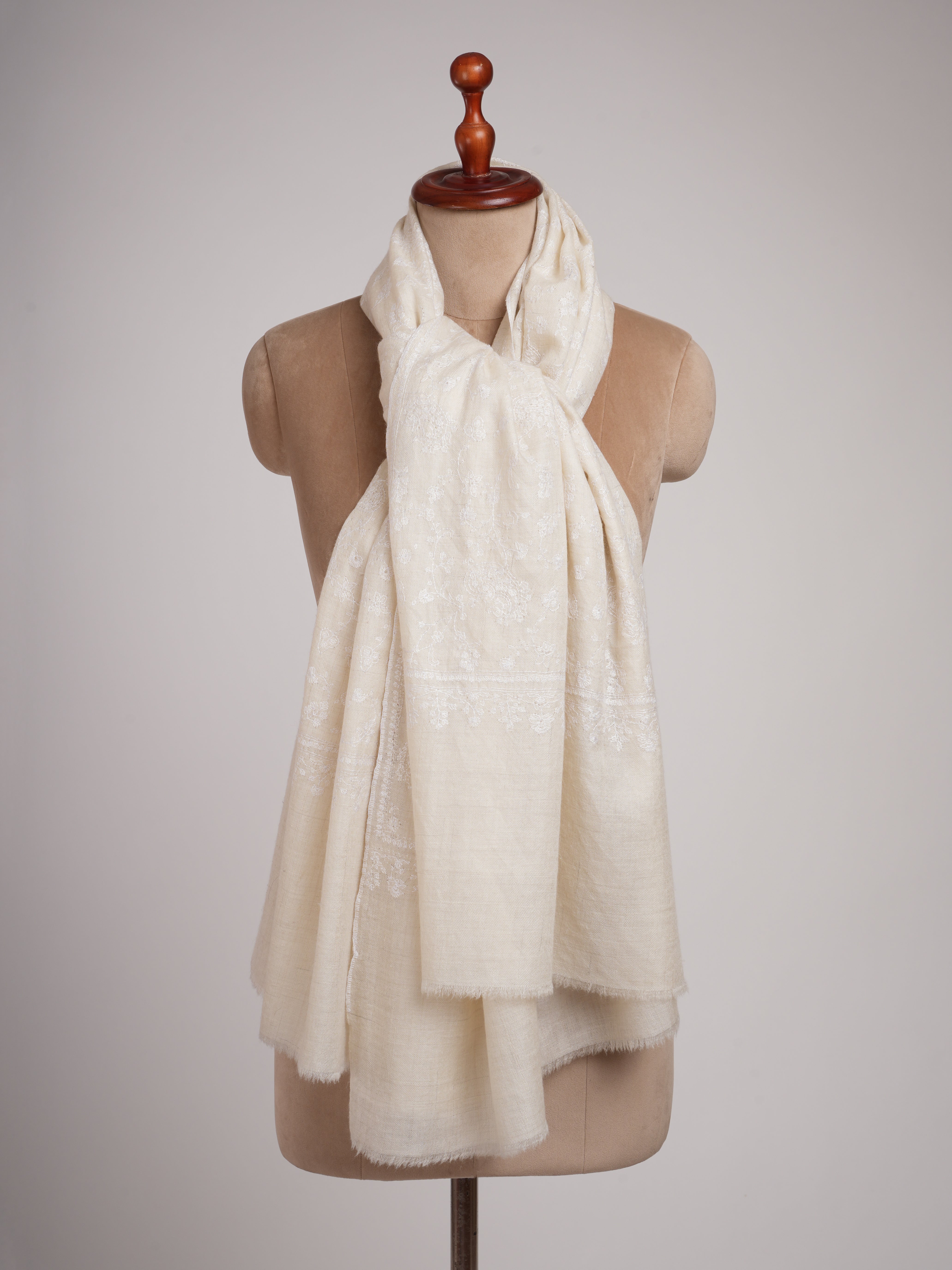 Off white Soft Pashmina Shawl with white Hand Embroidery