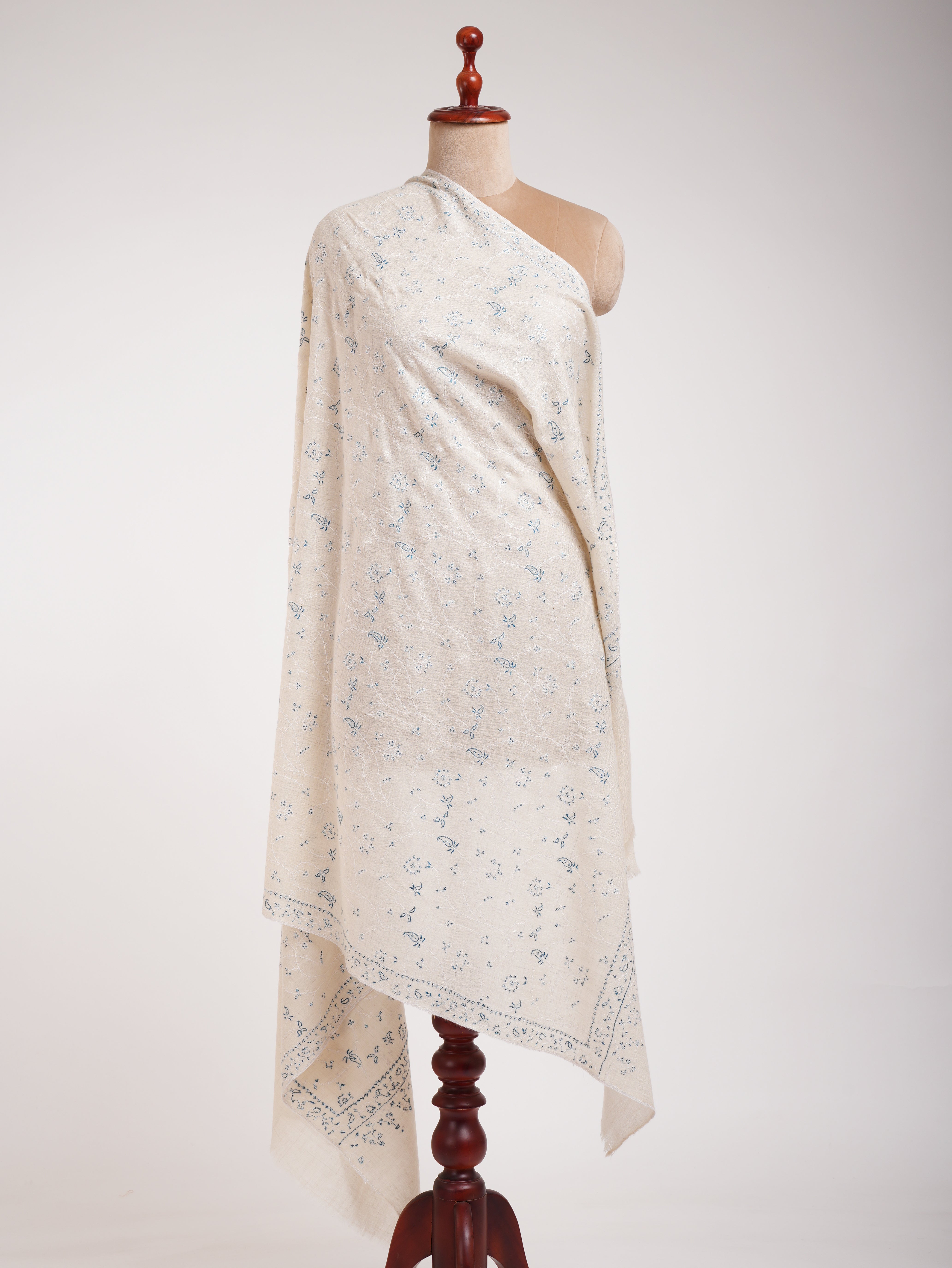 Beautiful White Pashmina Shawl With Blue Embroidery