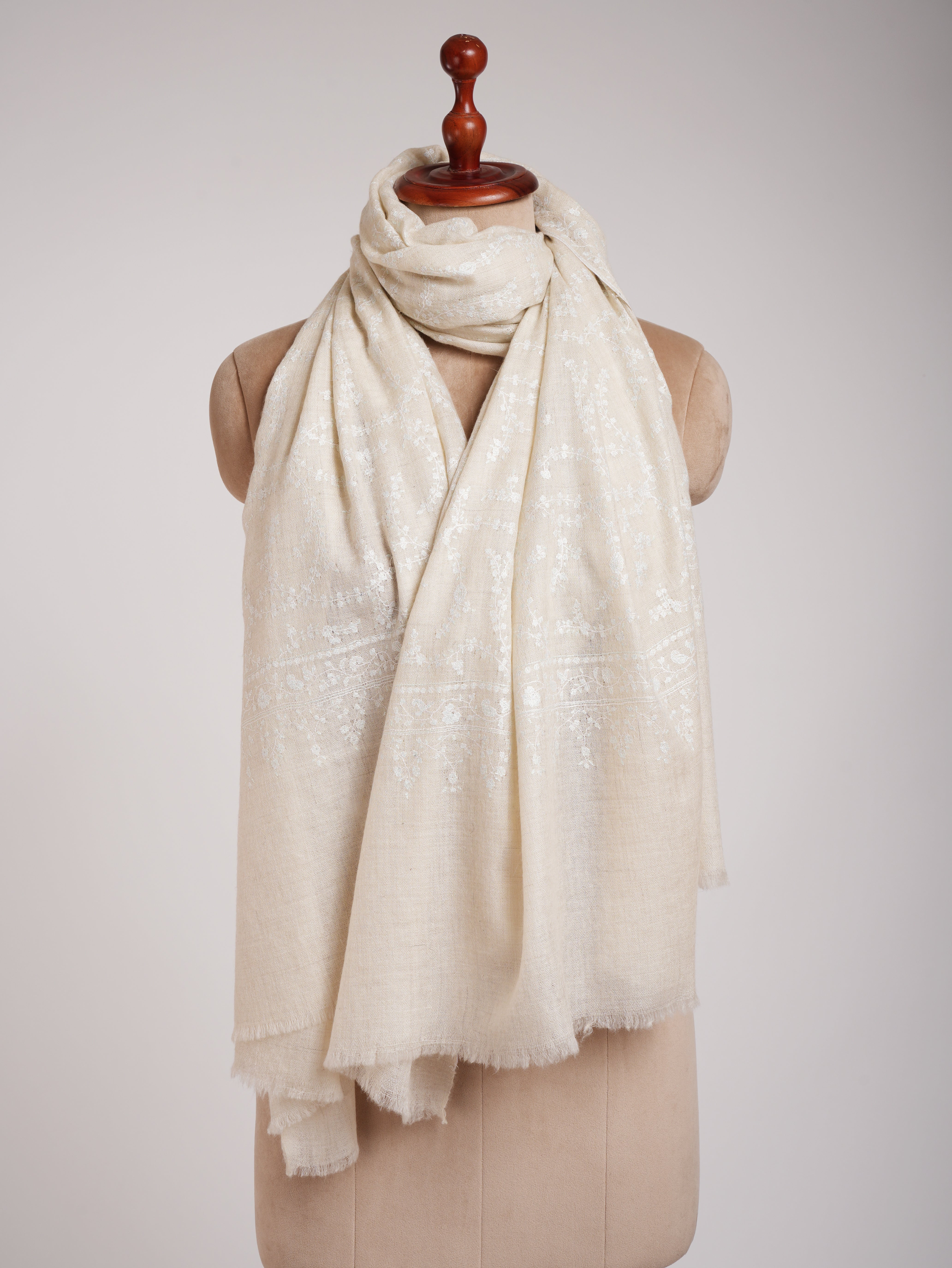 Ivory Pashmina Shawl White Sozni Embroidery