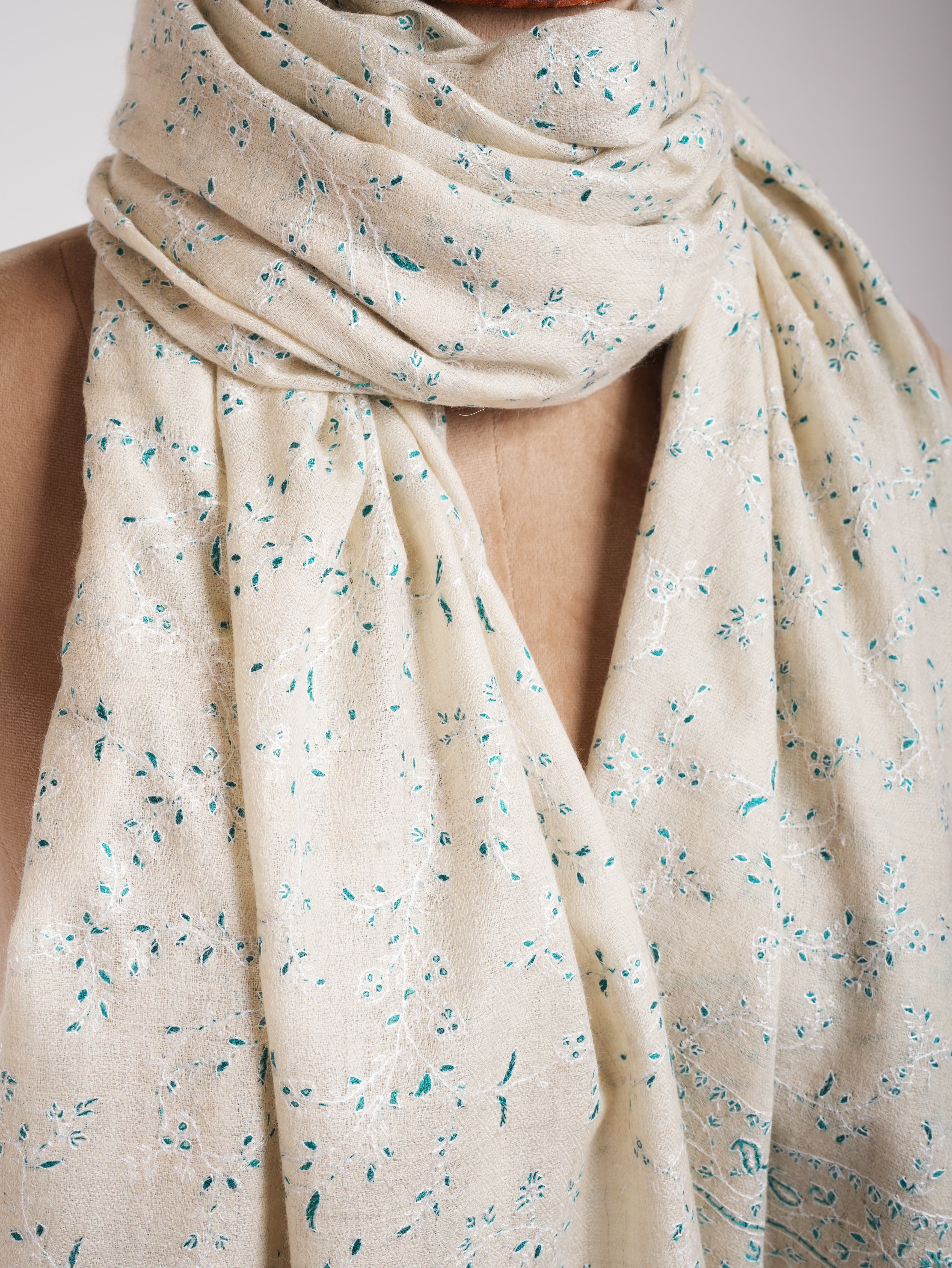 White Hand Embroidered Luxurious Pashmina Shawl