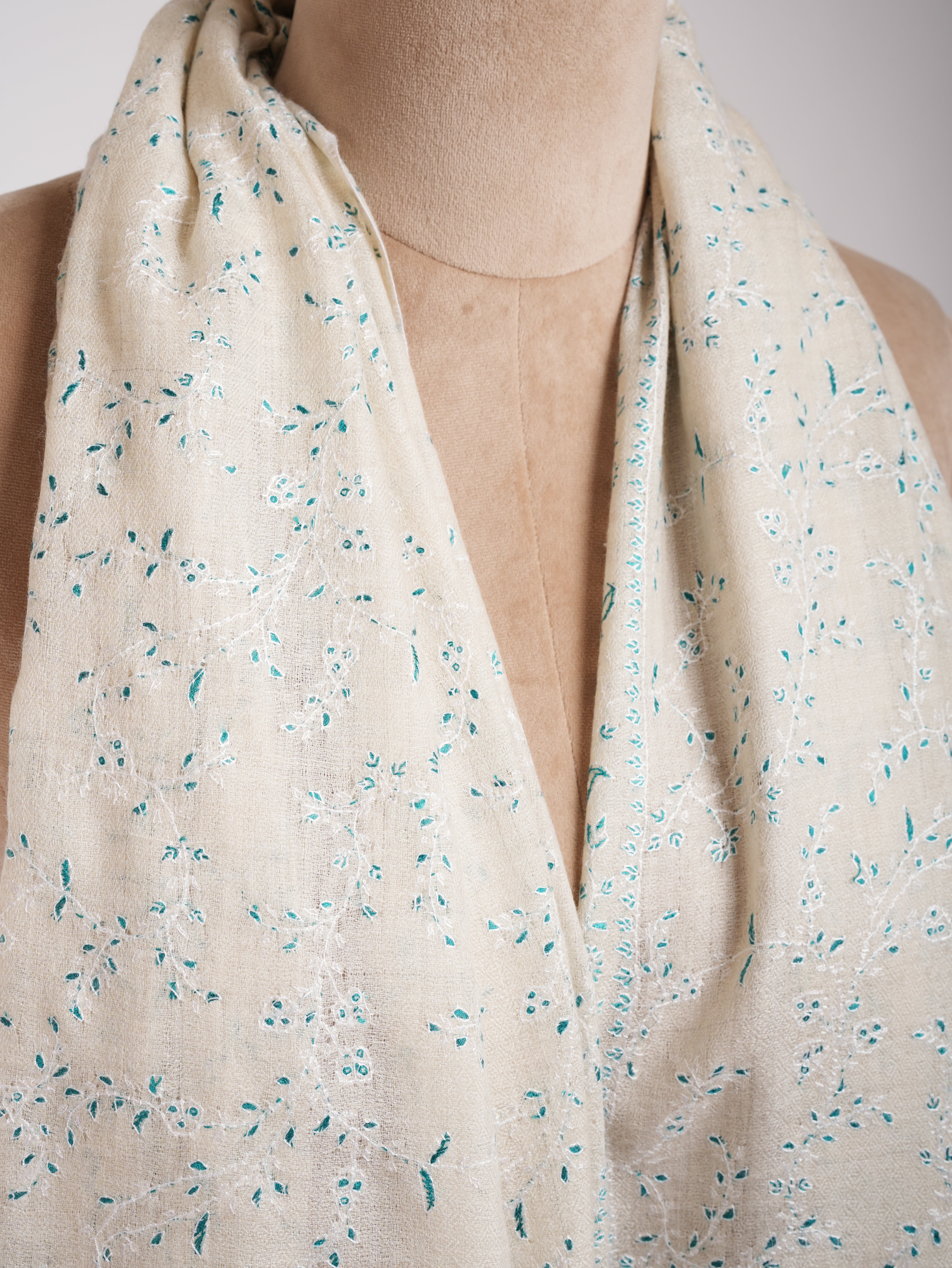 White Hand Embroidered Luxurious Pashmina Shawl