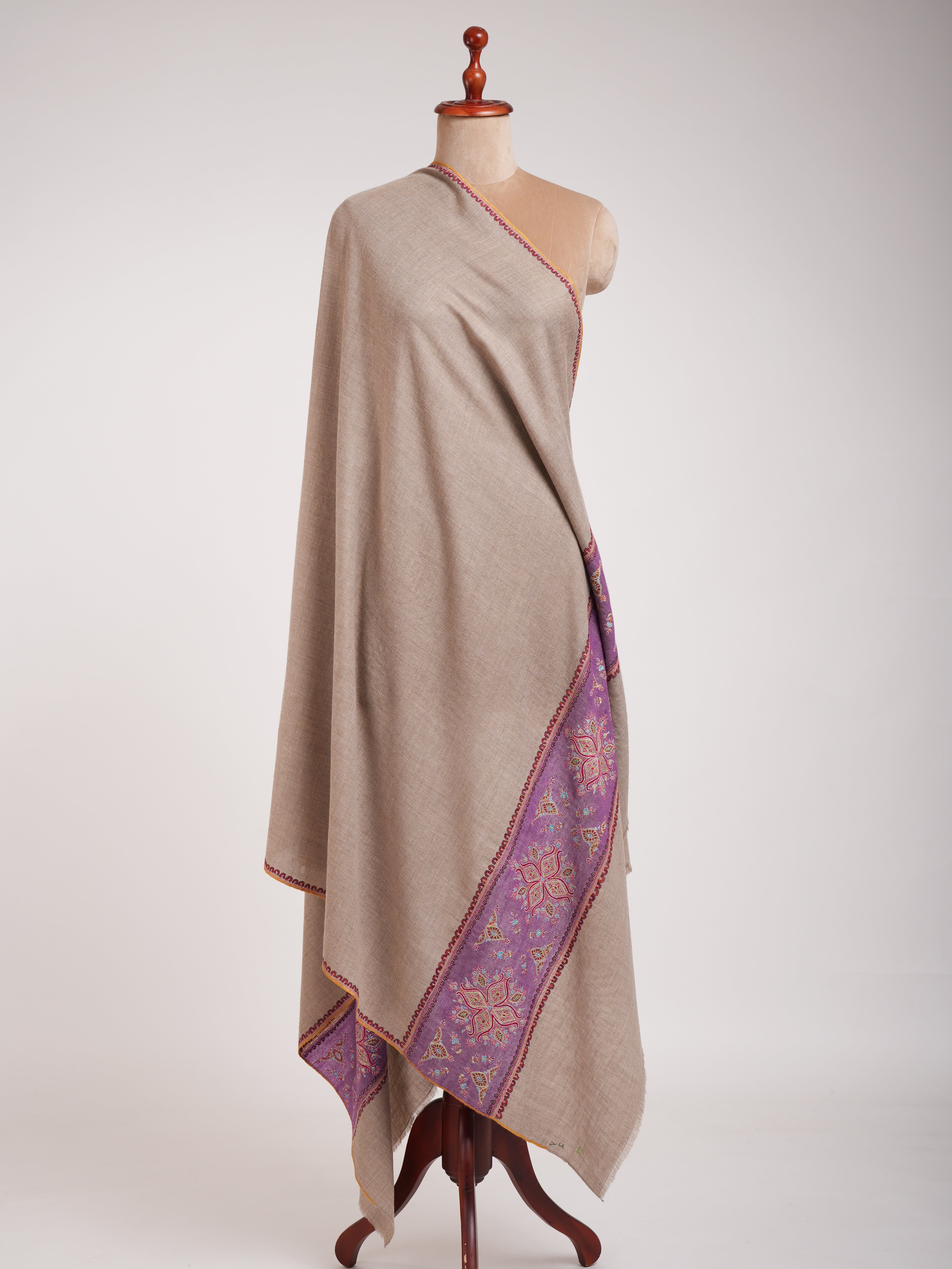 Natural Grey Pure Pashmina Embroidered Shawl