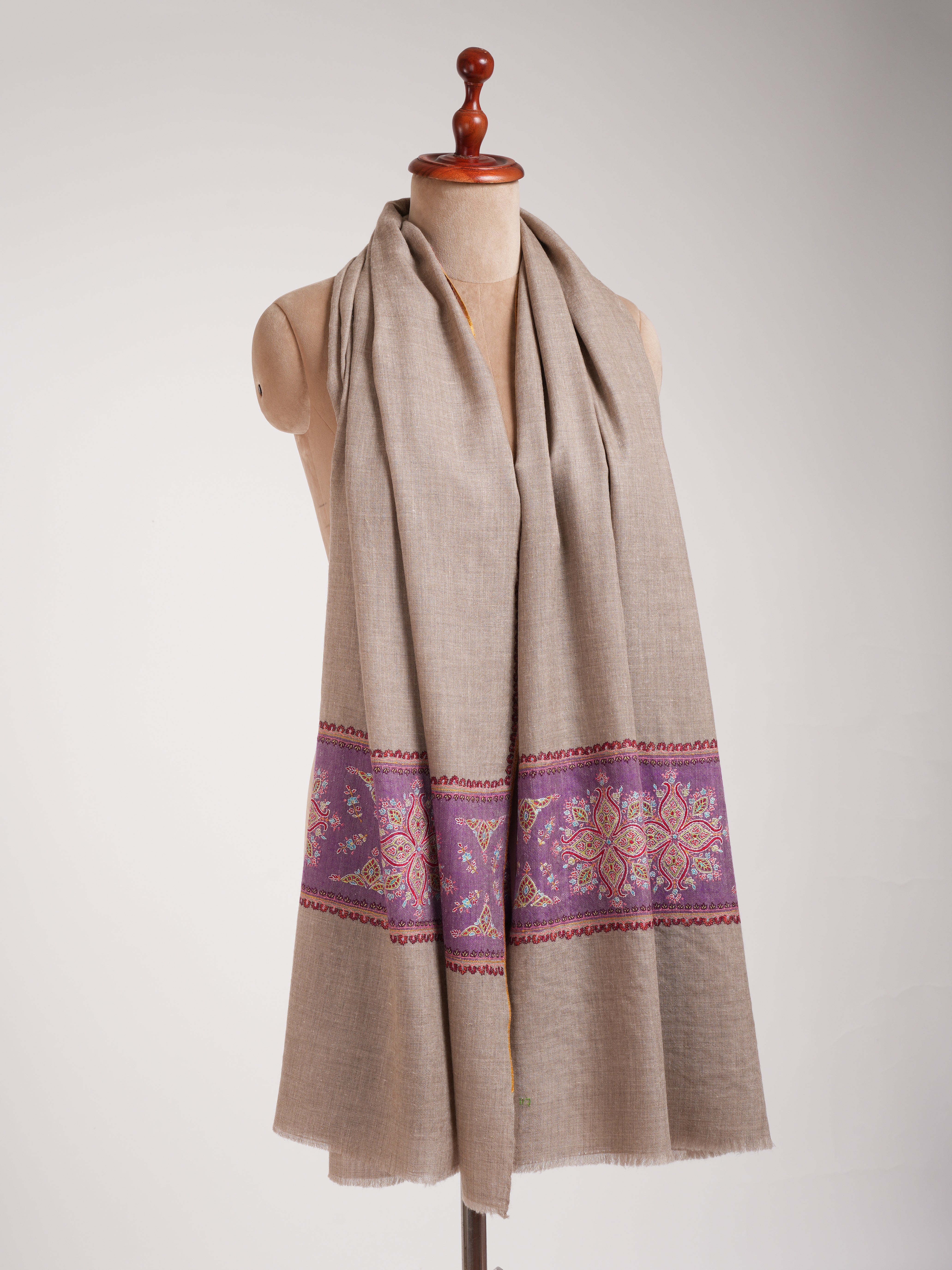 Natural Grey Pure Pashmina Embroidered Shawl