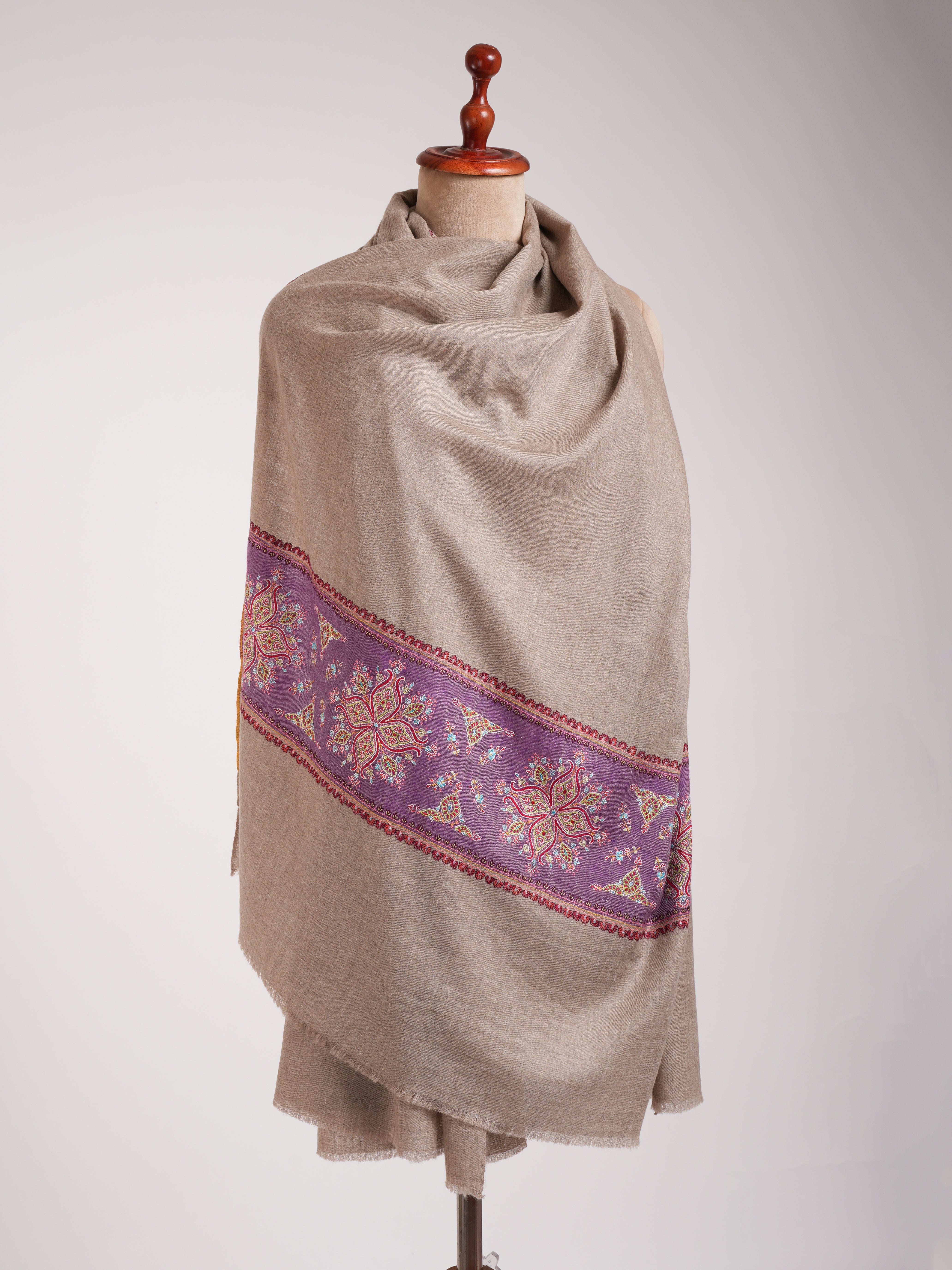 Natural Grey Pure Pashmina Embroidered Shawl