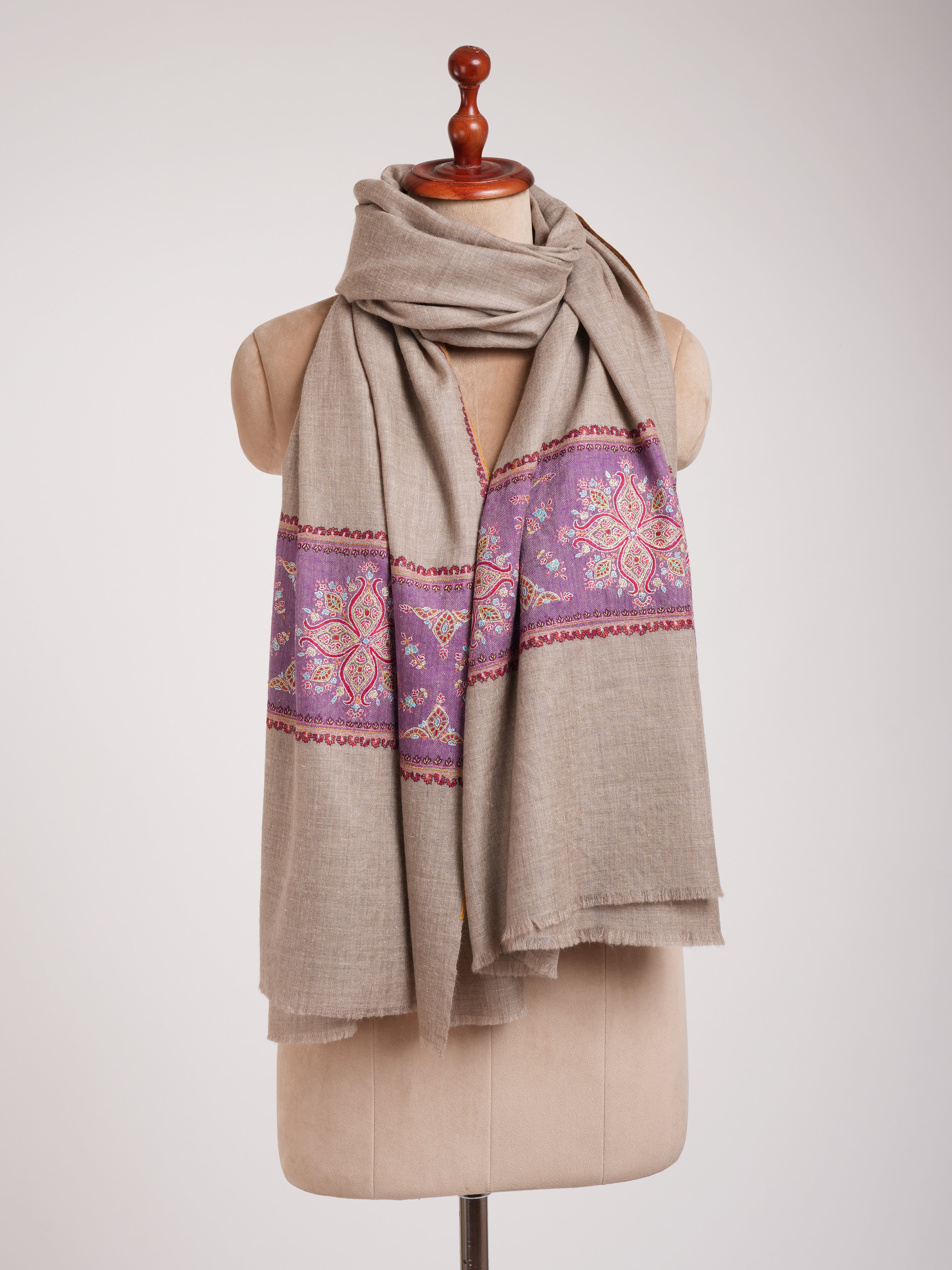 Natural Grey Pure Pashmina Embroidered Shawl