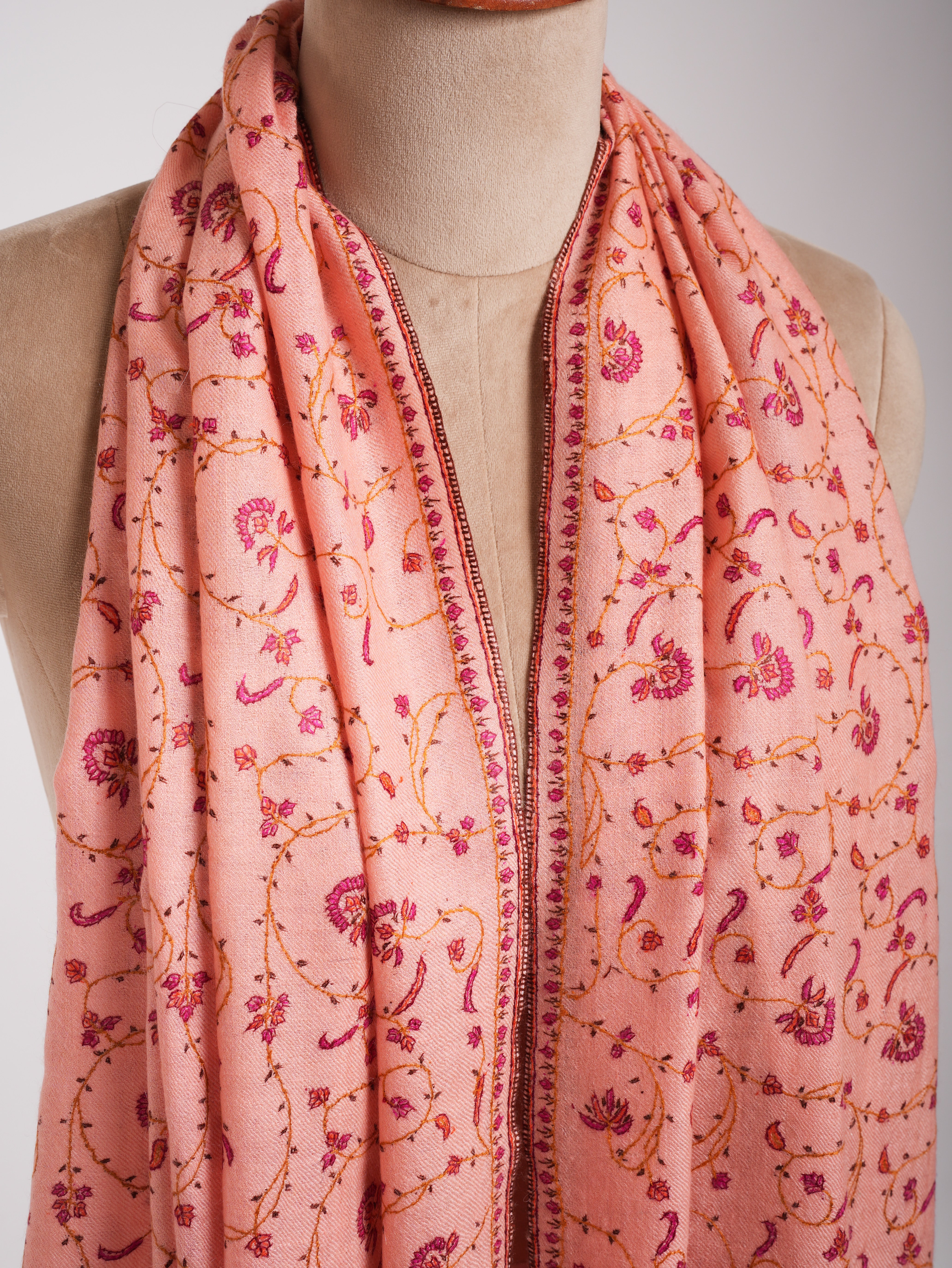 Peach Pink Sozni Embroidered Kashmiri Cashmere Wrap