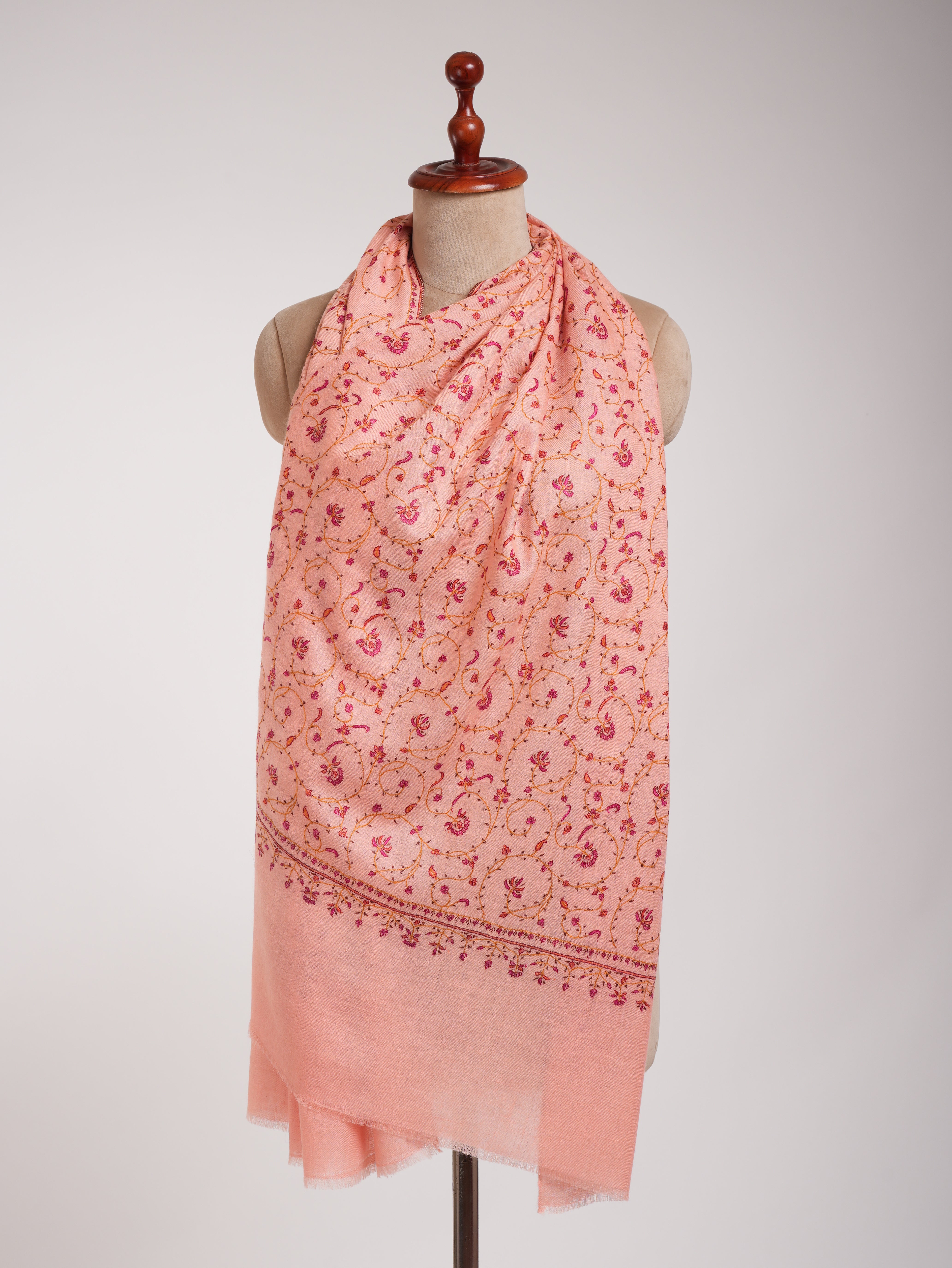 Peach Pink Sozni Embroidered Kashmiri Cashmere Wrap