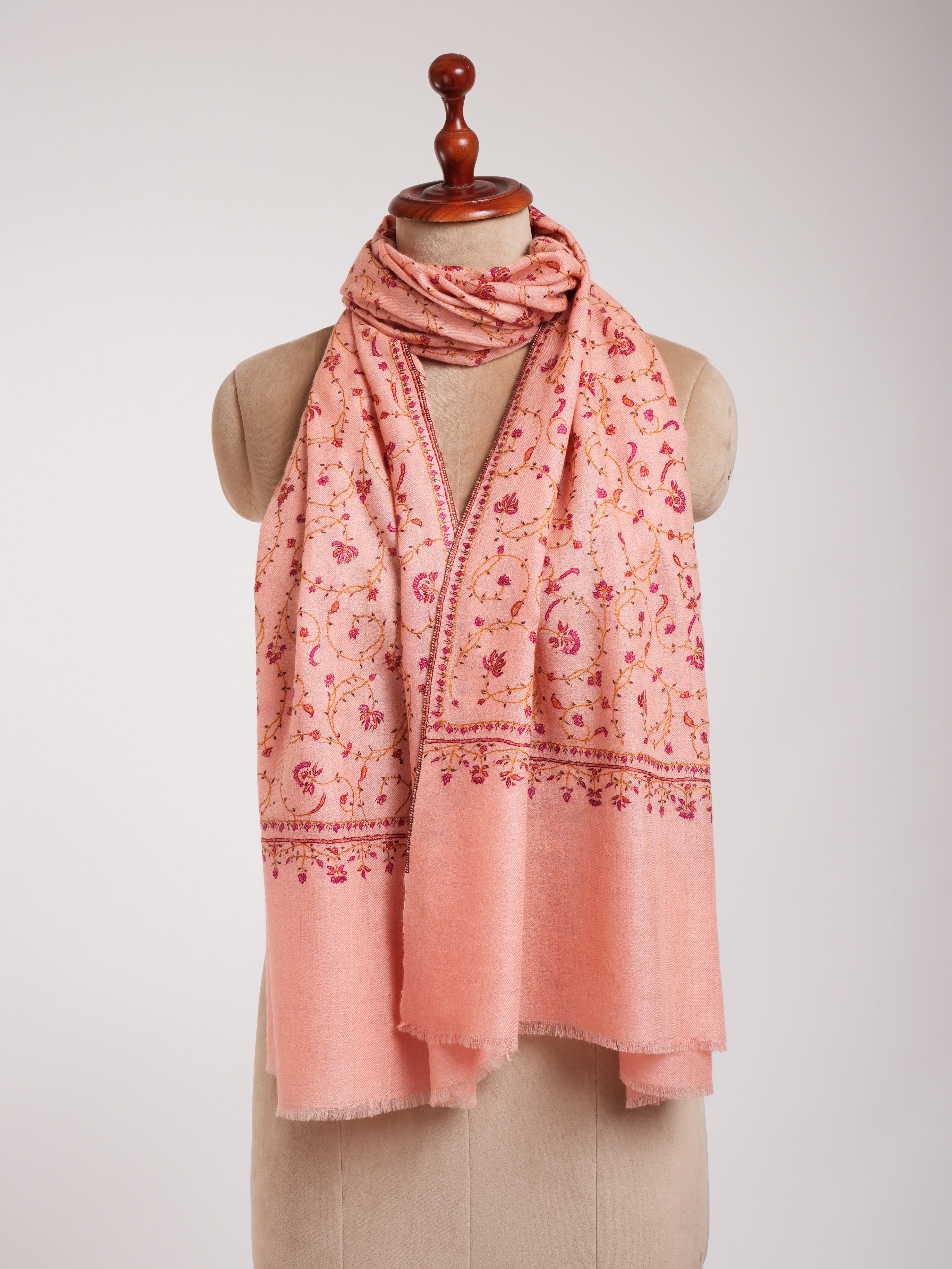 Peach Pink Sozni Embroidered Kashmiri Cashmere Wrap