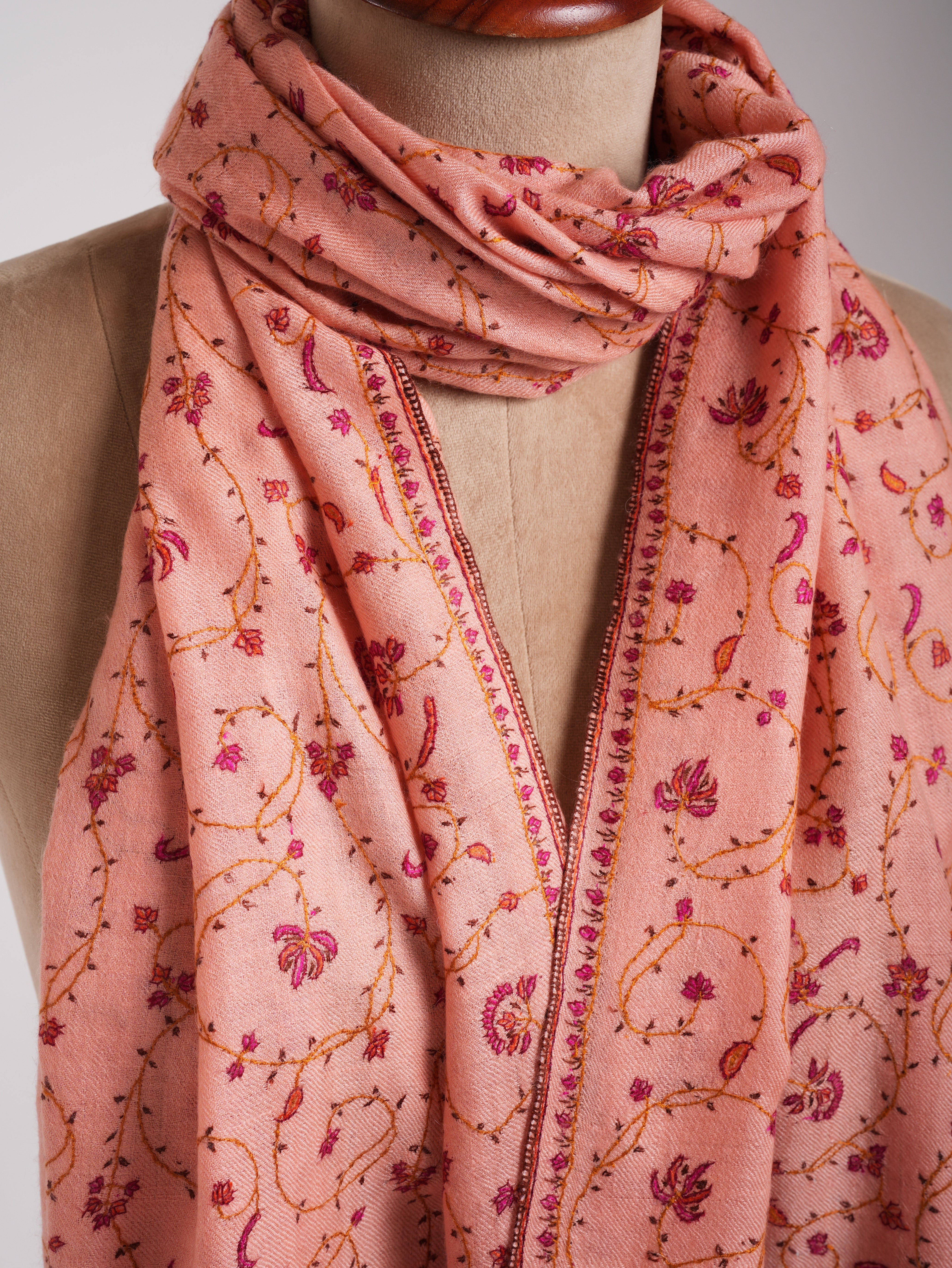 Peach Pink Sozni Embroidered Kashmiri Cashmere Wrap