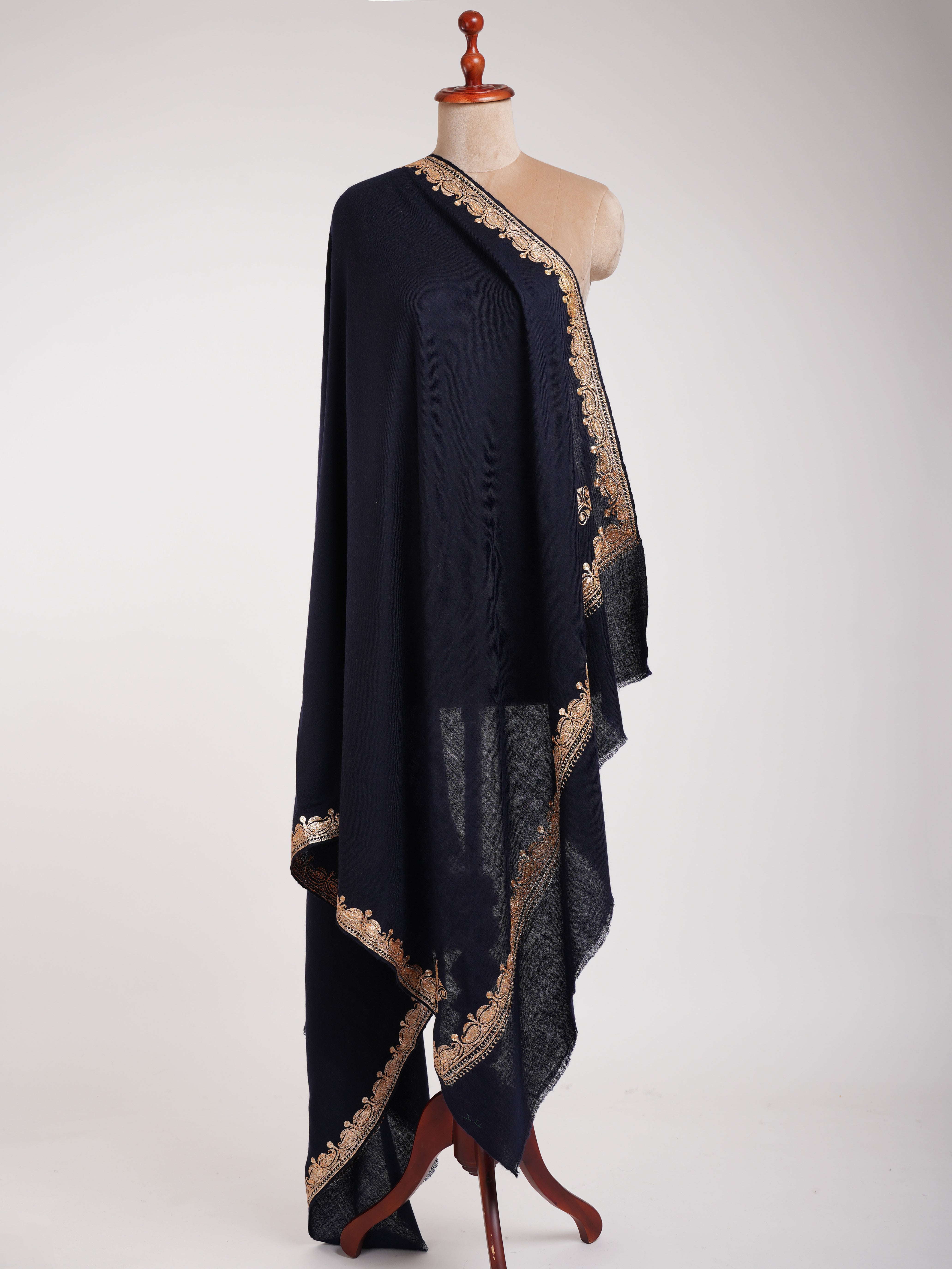 Gold Tilla Embroidered Dark Navy Blue Pashmina Shawl