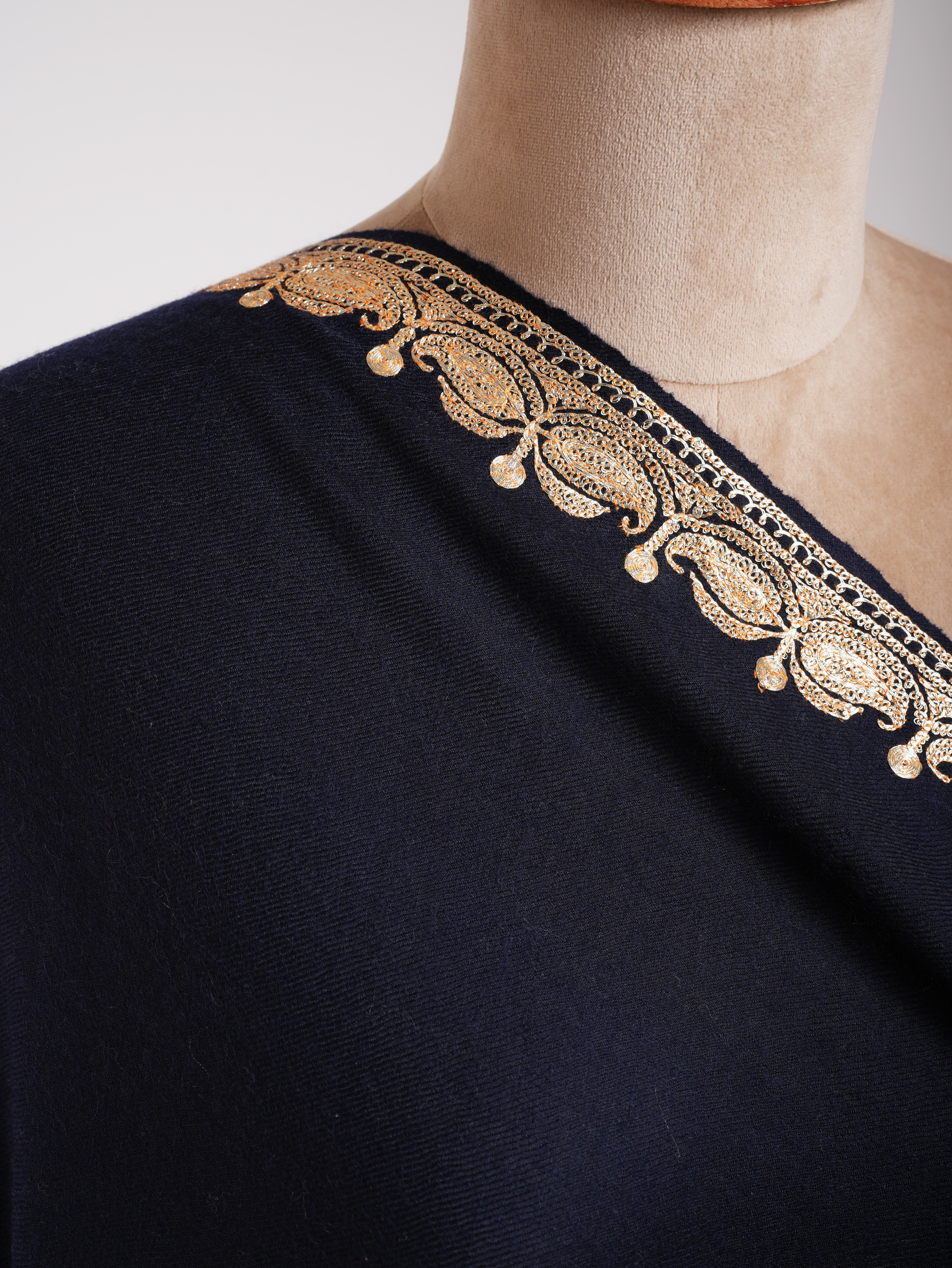 Gold Tilla Embroidered Dark Navy Blue Pashmina Shawl