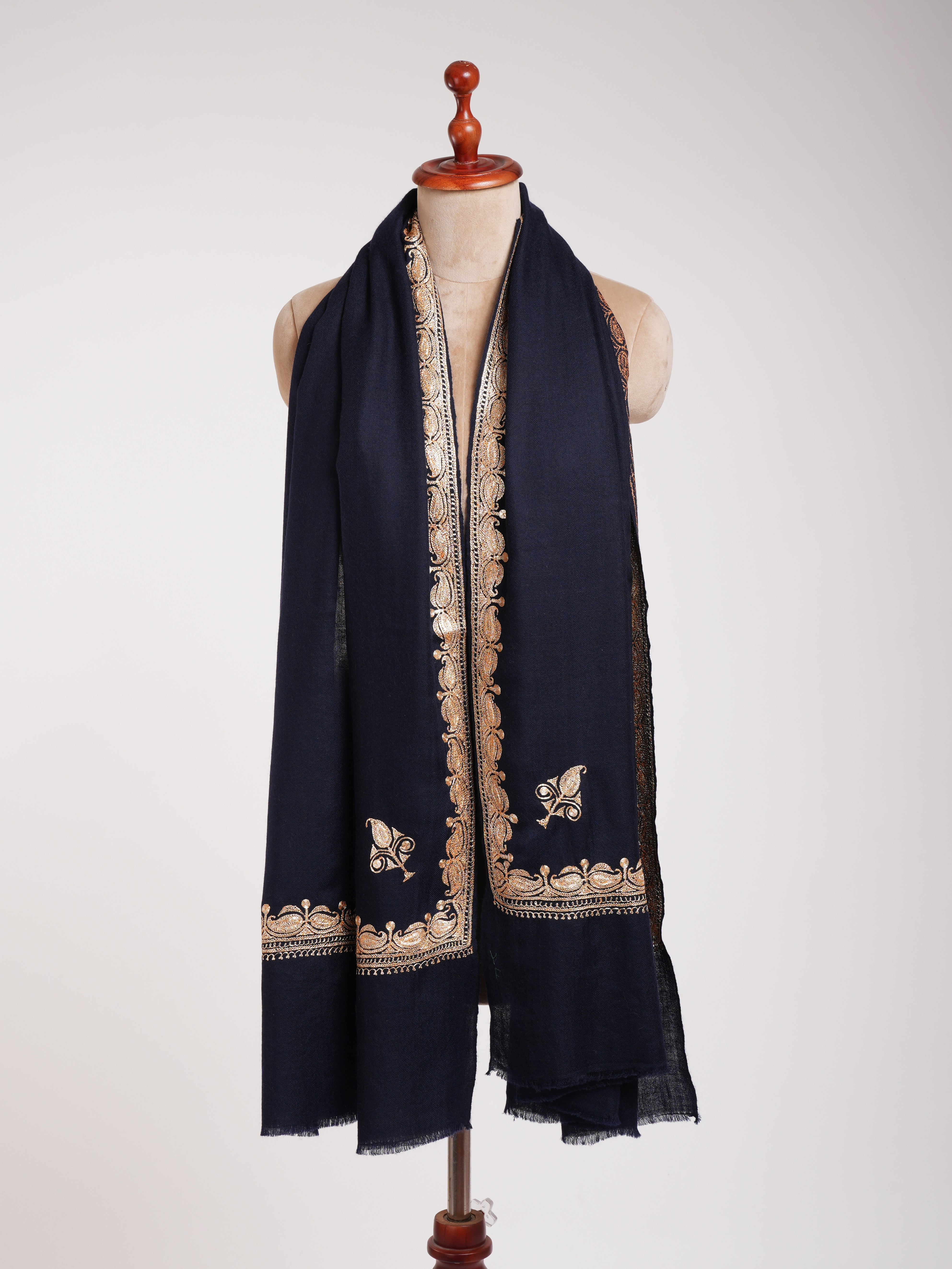 Gold Tilla Embroidered Dark Navy Blue Pashmina Shawl