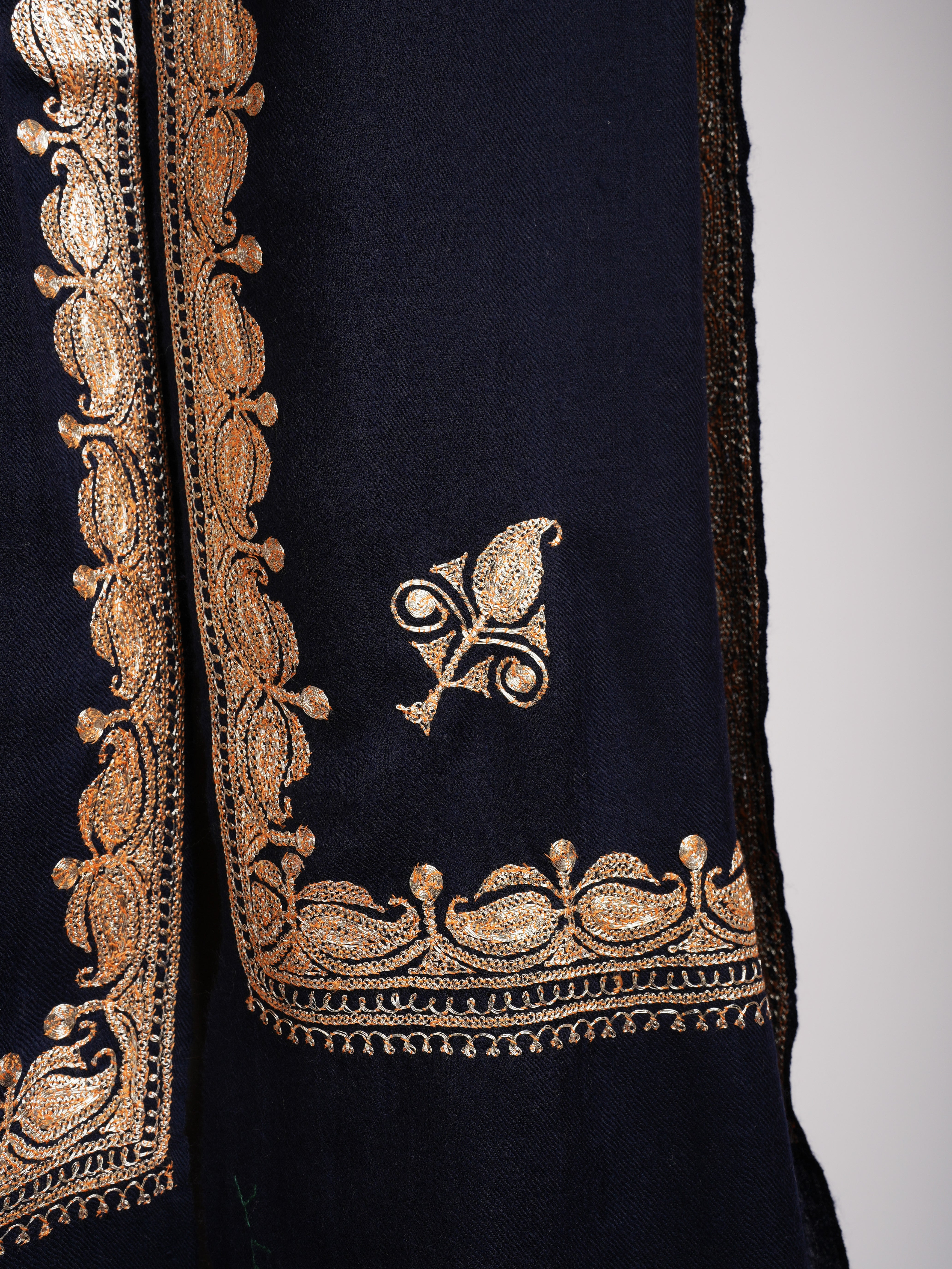 Gold Tilla Embroidered Dark Navy Blue Pashmina Shawl