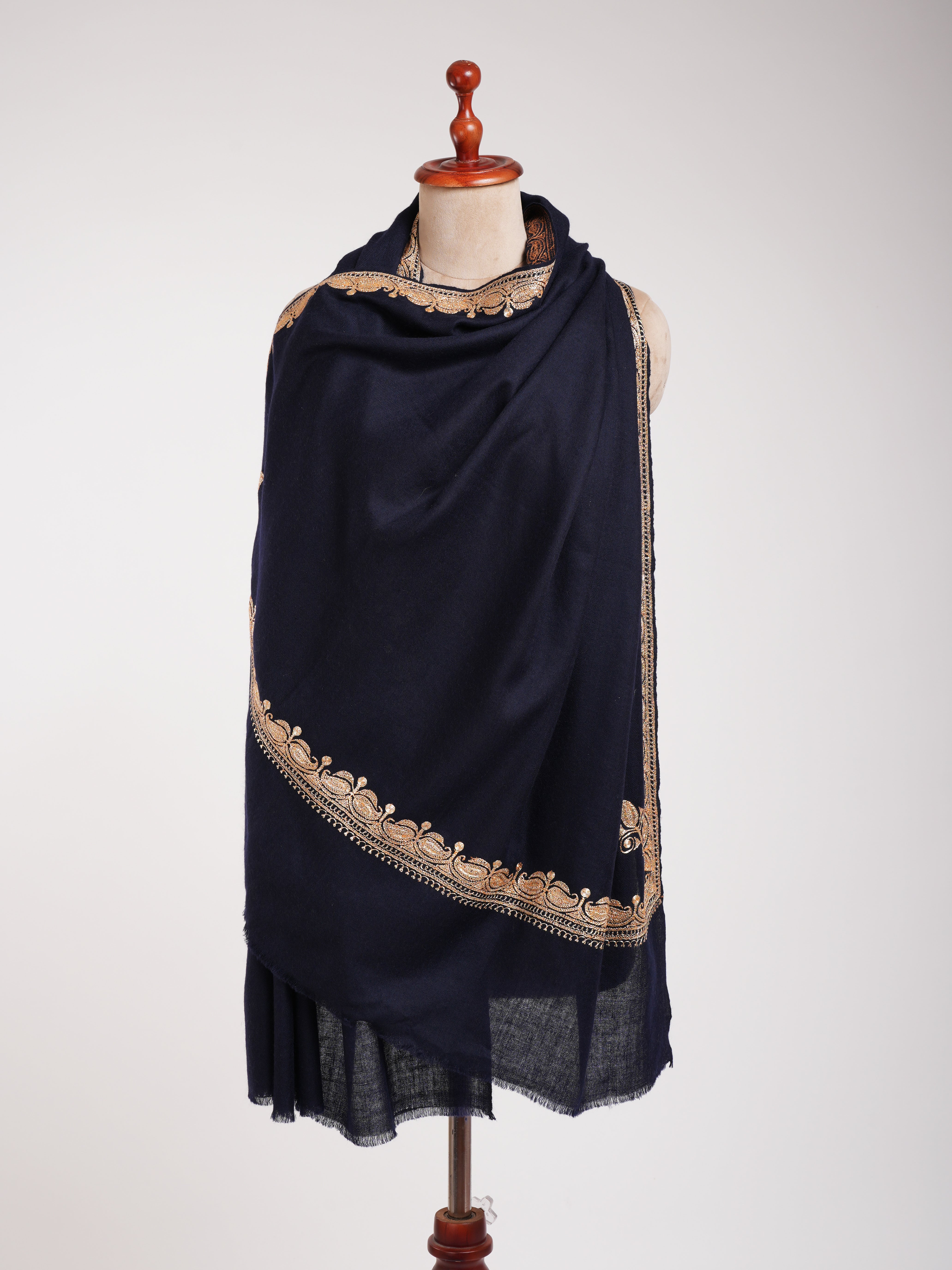 Gold Tilla Embroidered Dark Navy Blue Pashmina Shawl