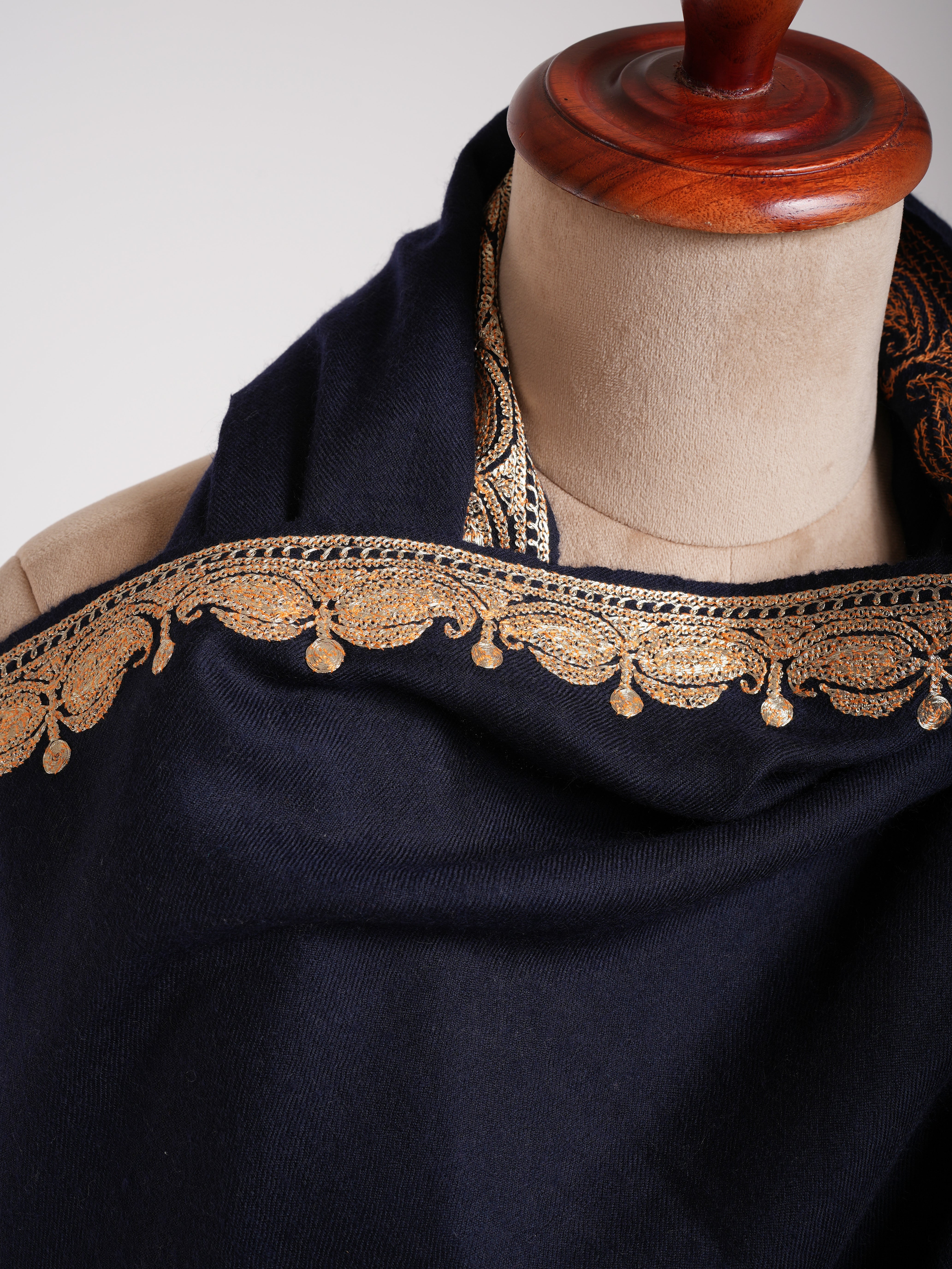 Gold Tilla Embroidered Dark Navy Blue Pashmina Shawl