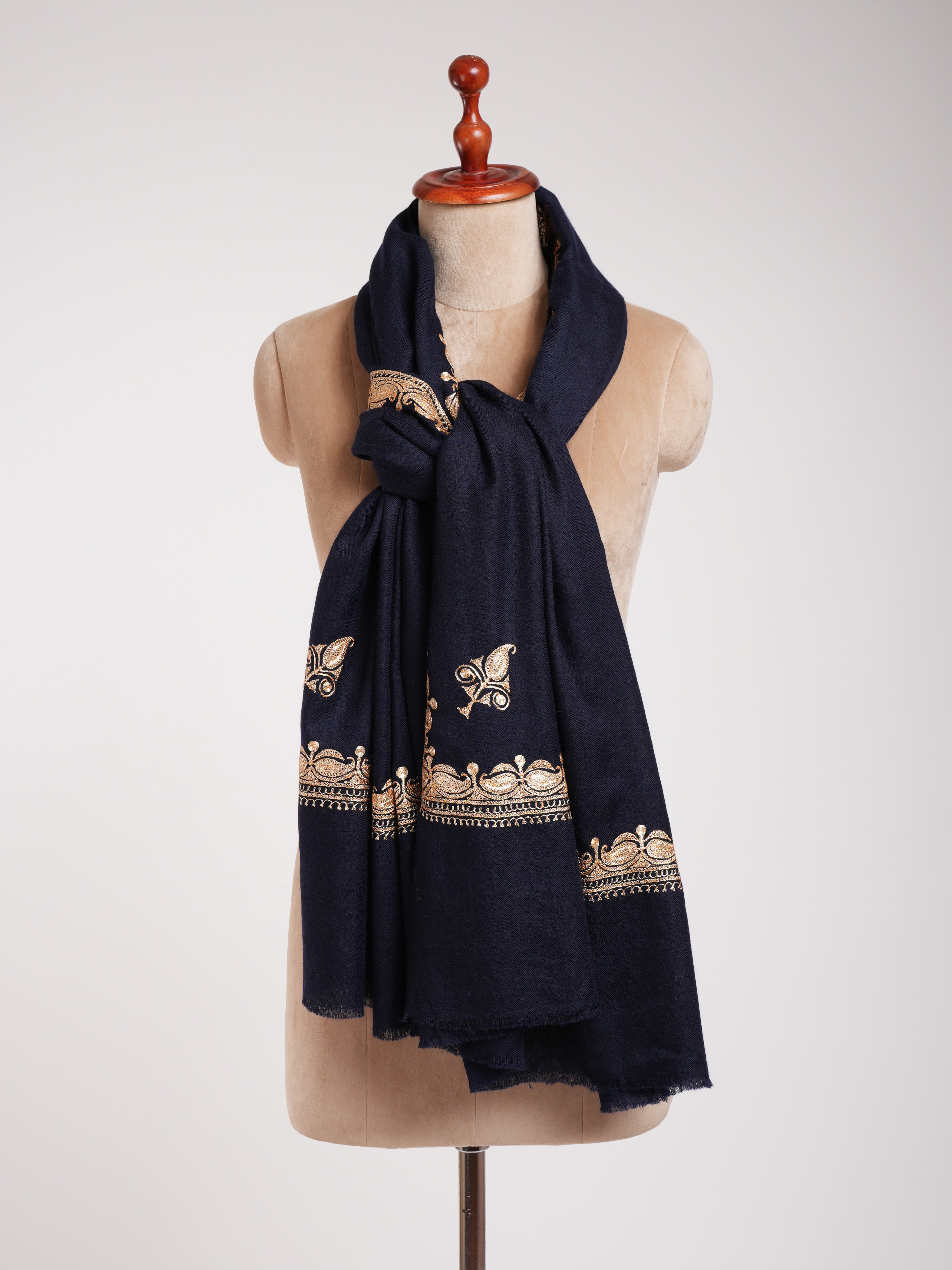 Gold Tilla Embroidered Dark Navy Blue Pashmina Shawl