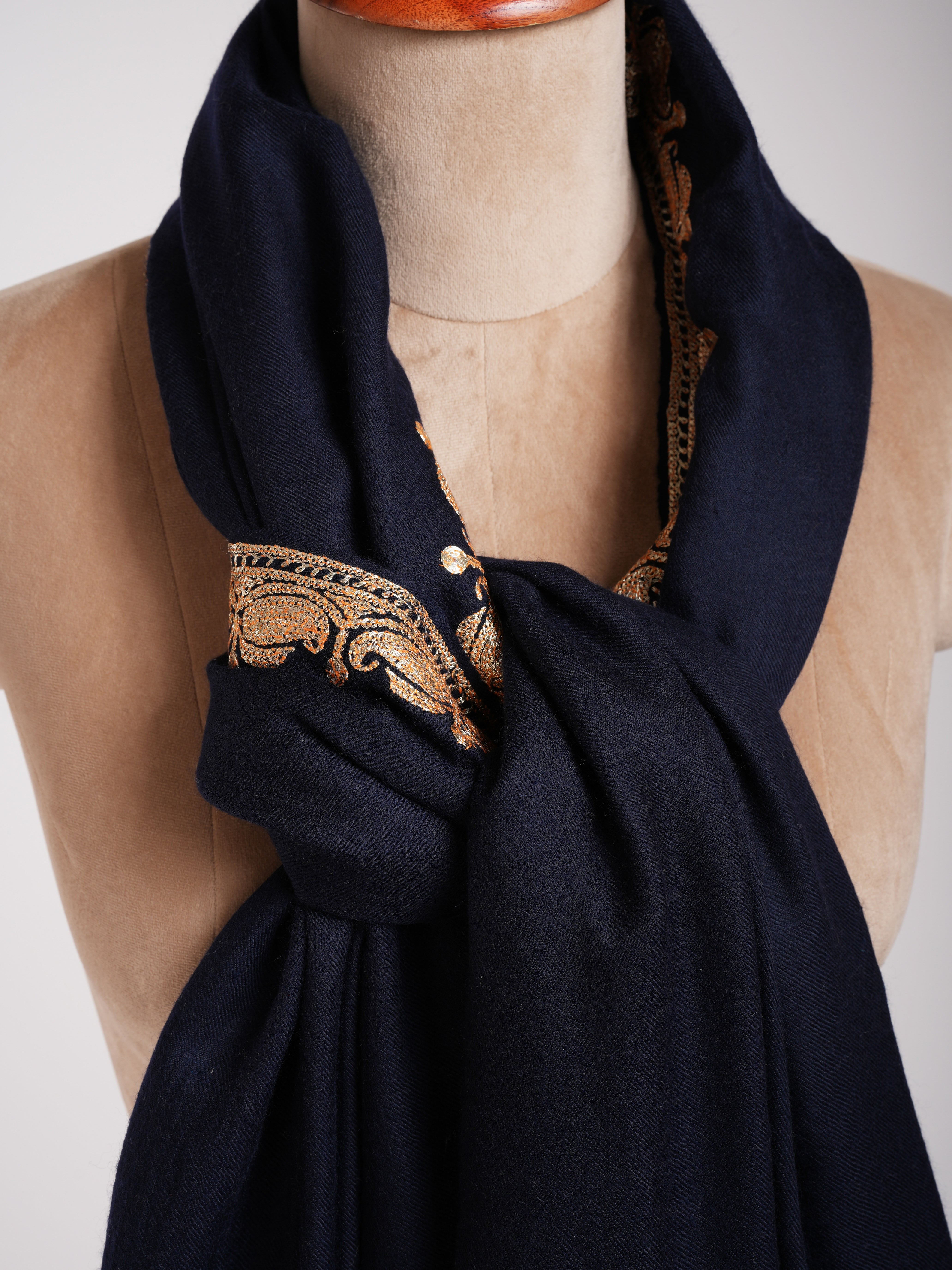 Gold Tilla Embroidered Dark Navy Blue Pashmina Shawl