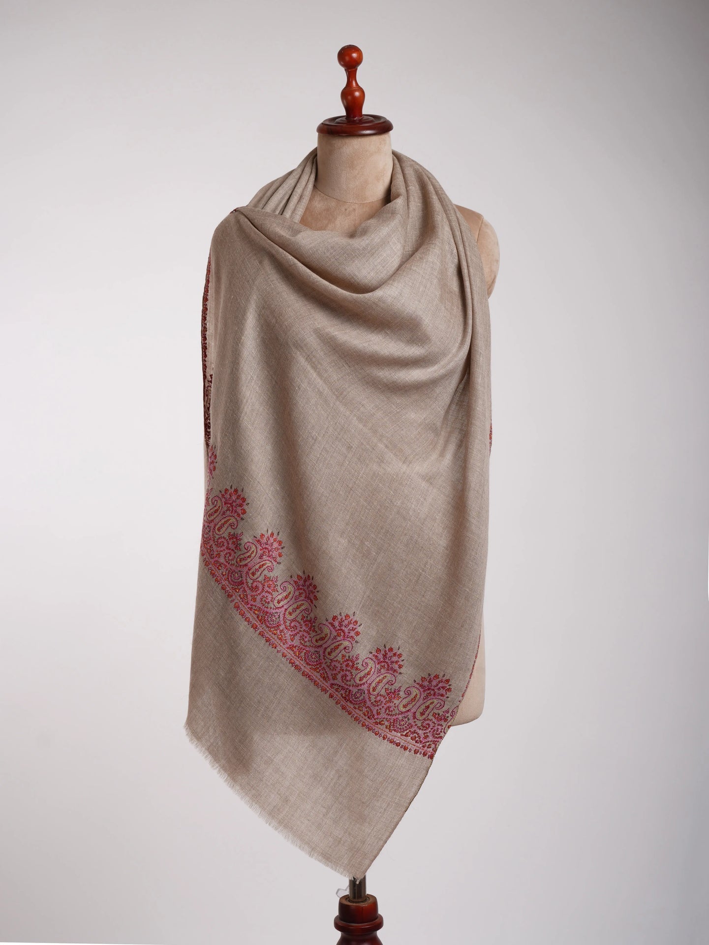 Grey Baby-Soft Cashmere Scarf with Hand Embroidered Palla Shahkaar