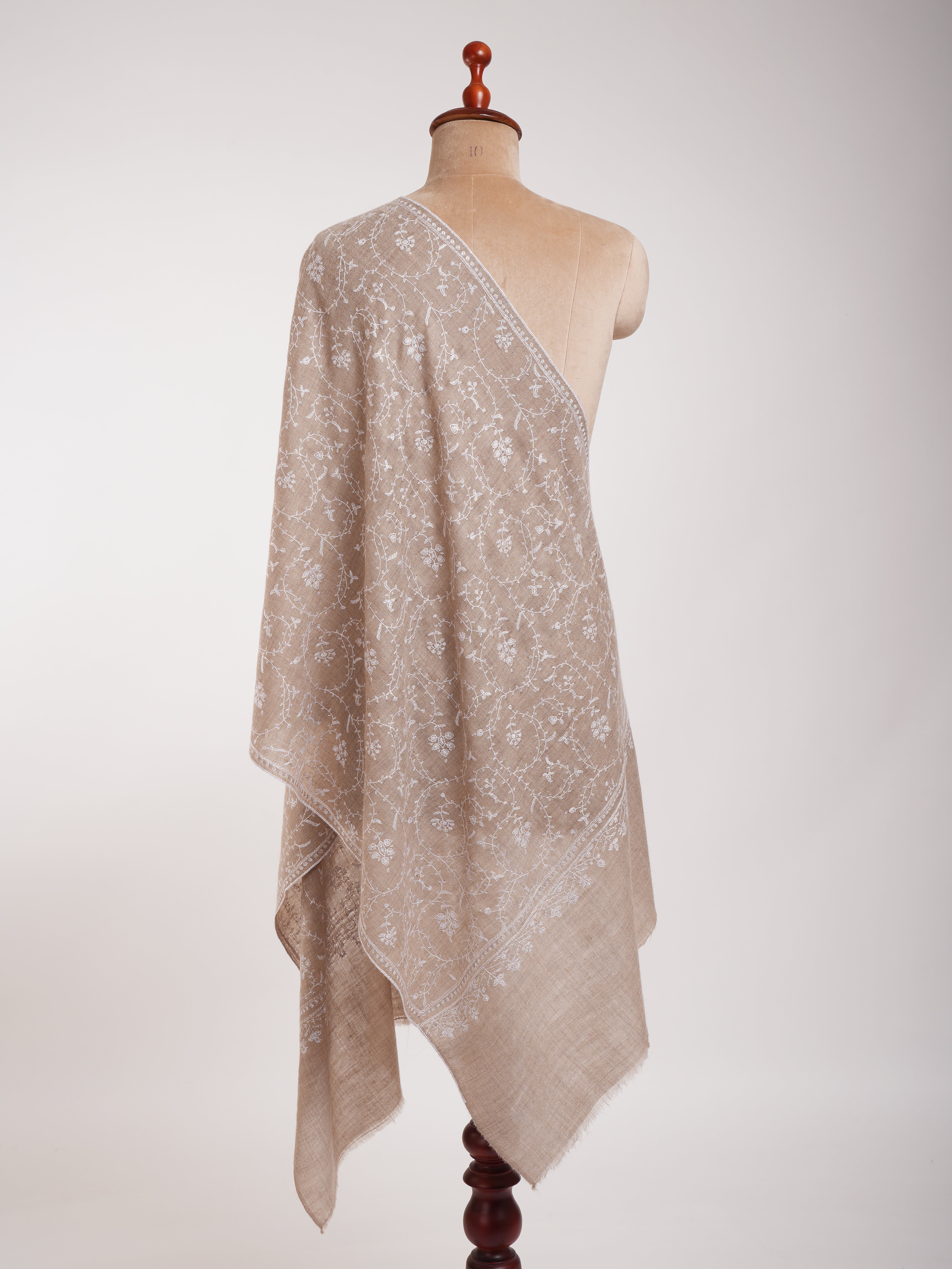 Natural Beige Cashmere Scarf with White Sozni Embroidery