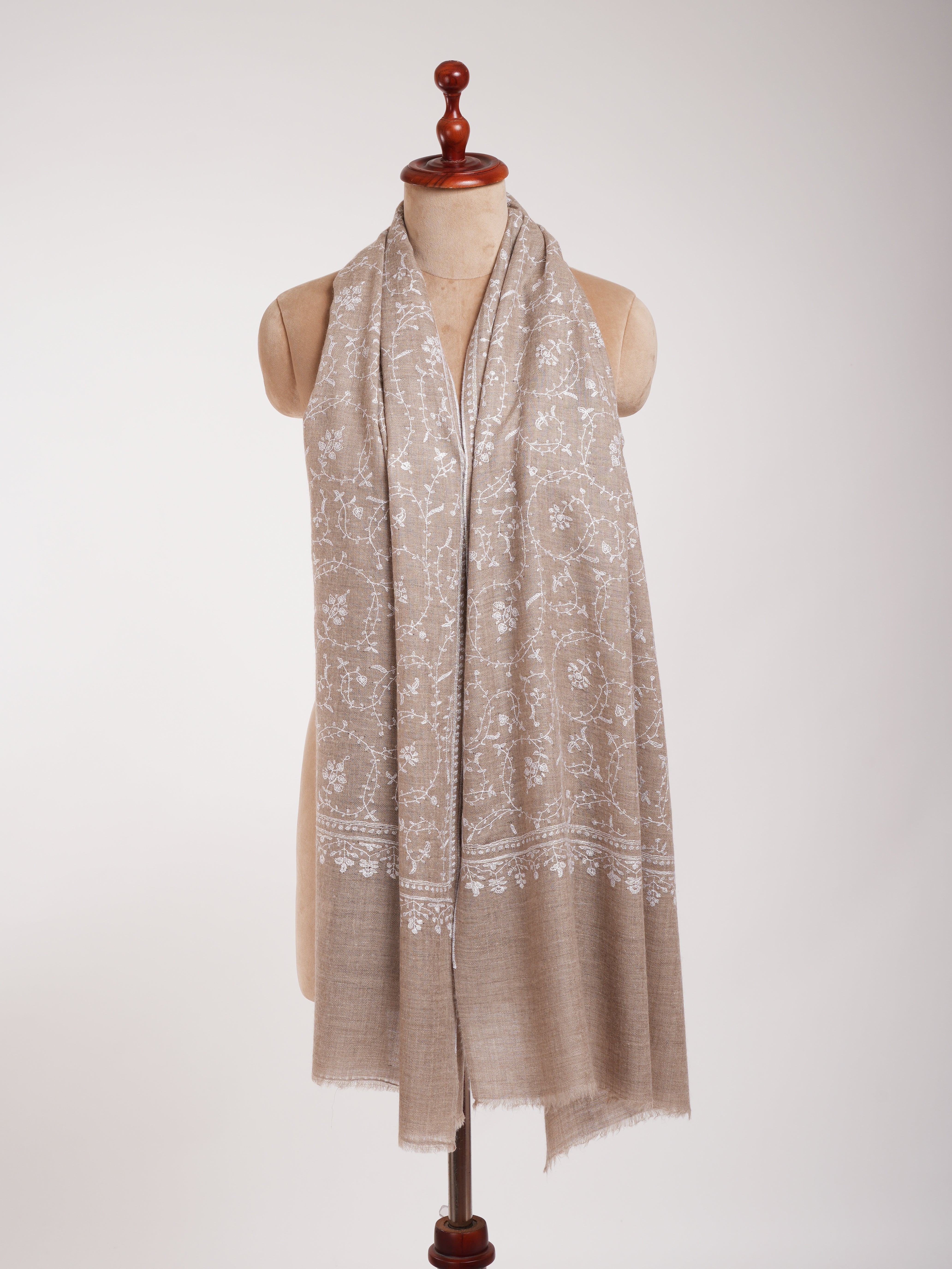 Natural Beige Cashmere Scarf with White Sozni Embroidery