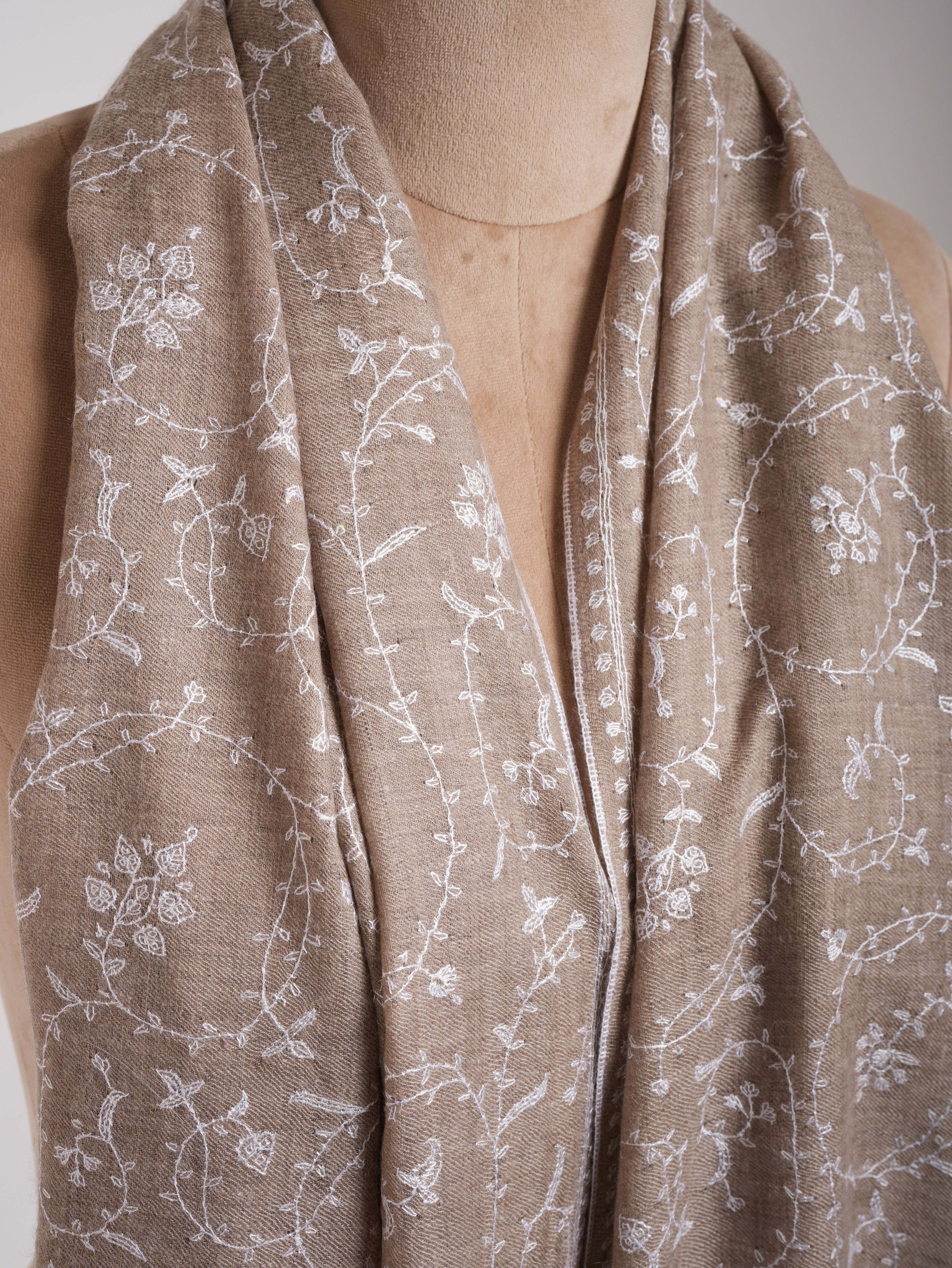 Natural Beige Cashmere Scarf with White Sozni Embroidery