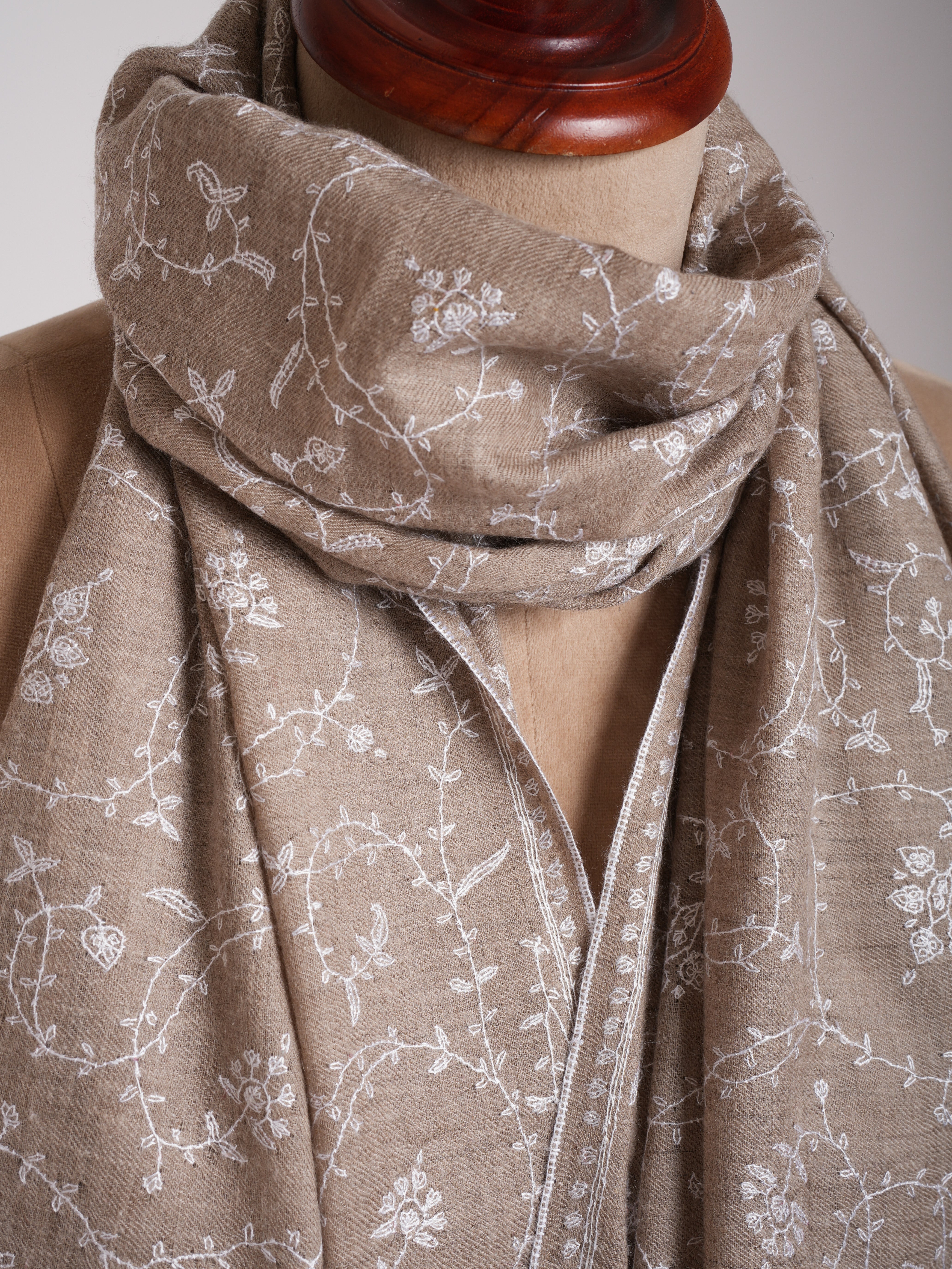 Natural Beige Cashmere Scarf with White Sozni Embroidery