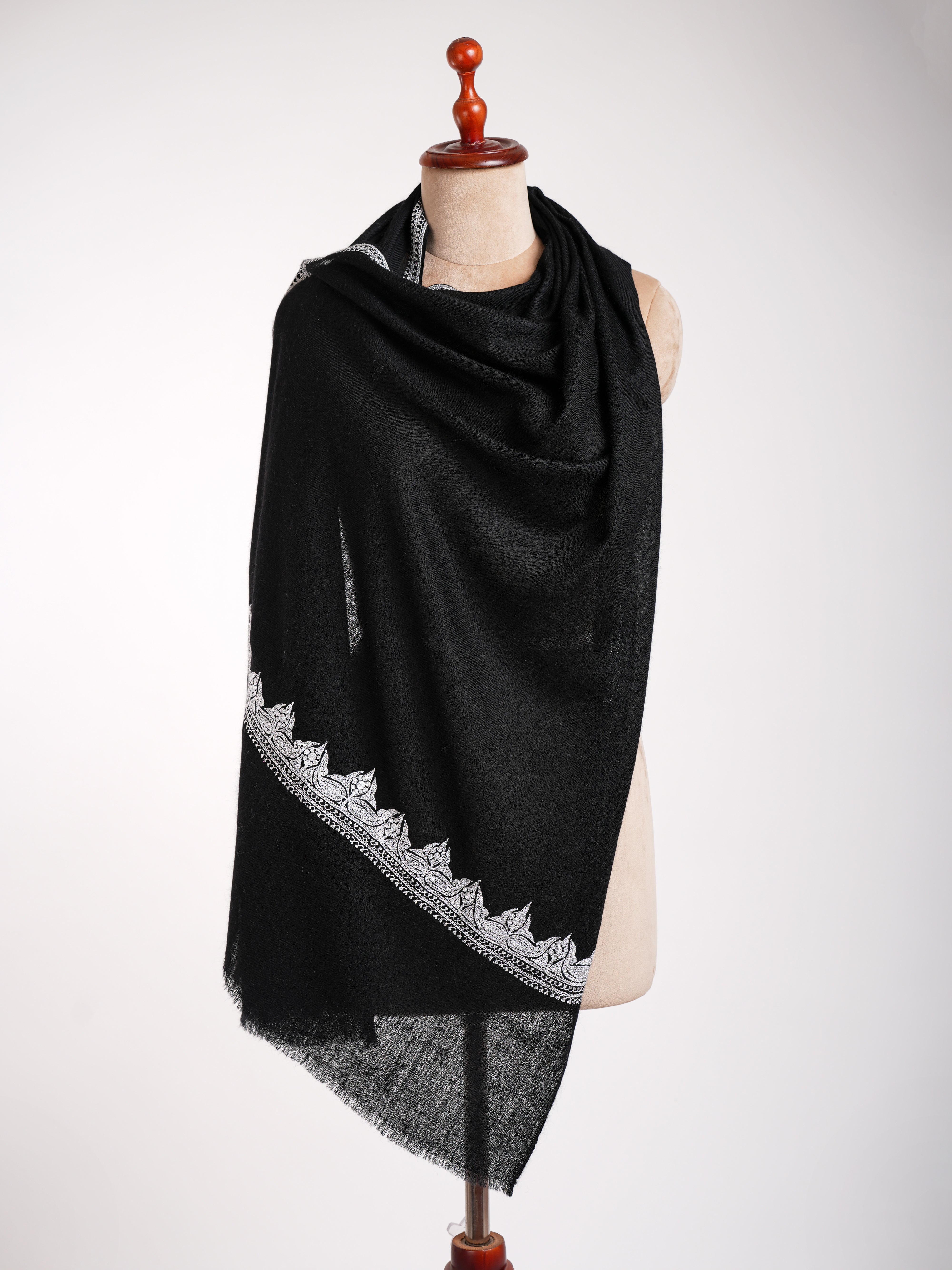 Black Indian Cashmere Stole with Silver Tilla Embroidery