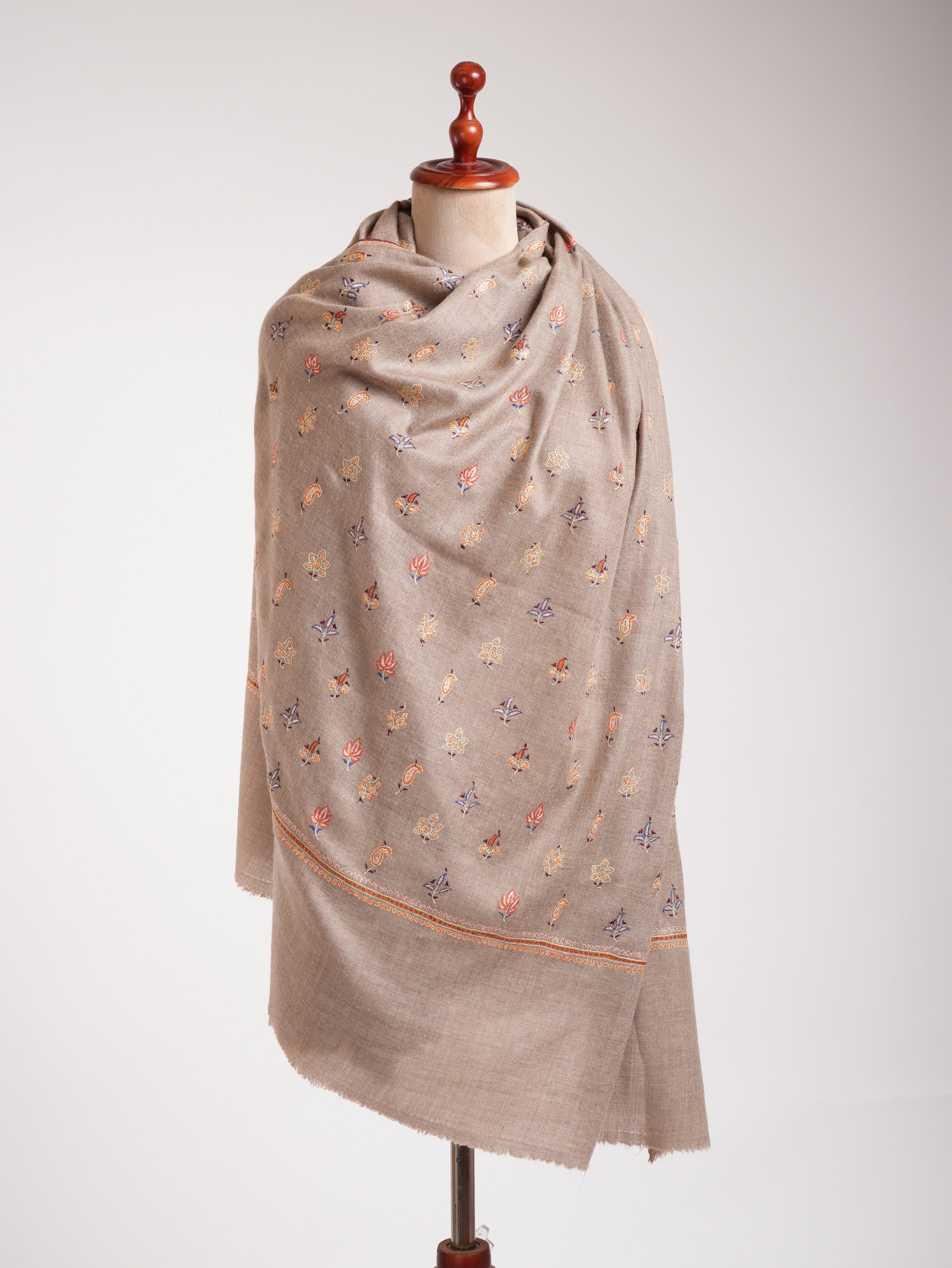 Natural Grey Small Buteh Sozni Embroidered Pashmina Shawl