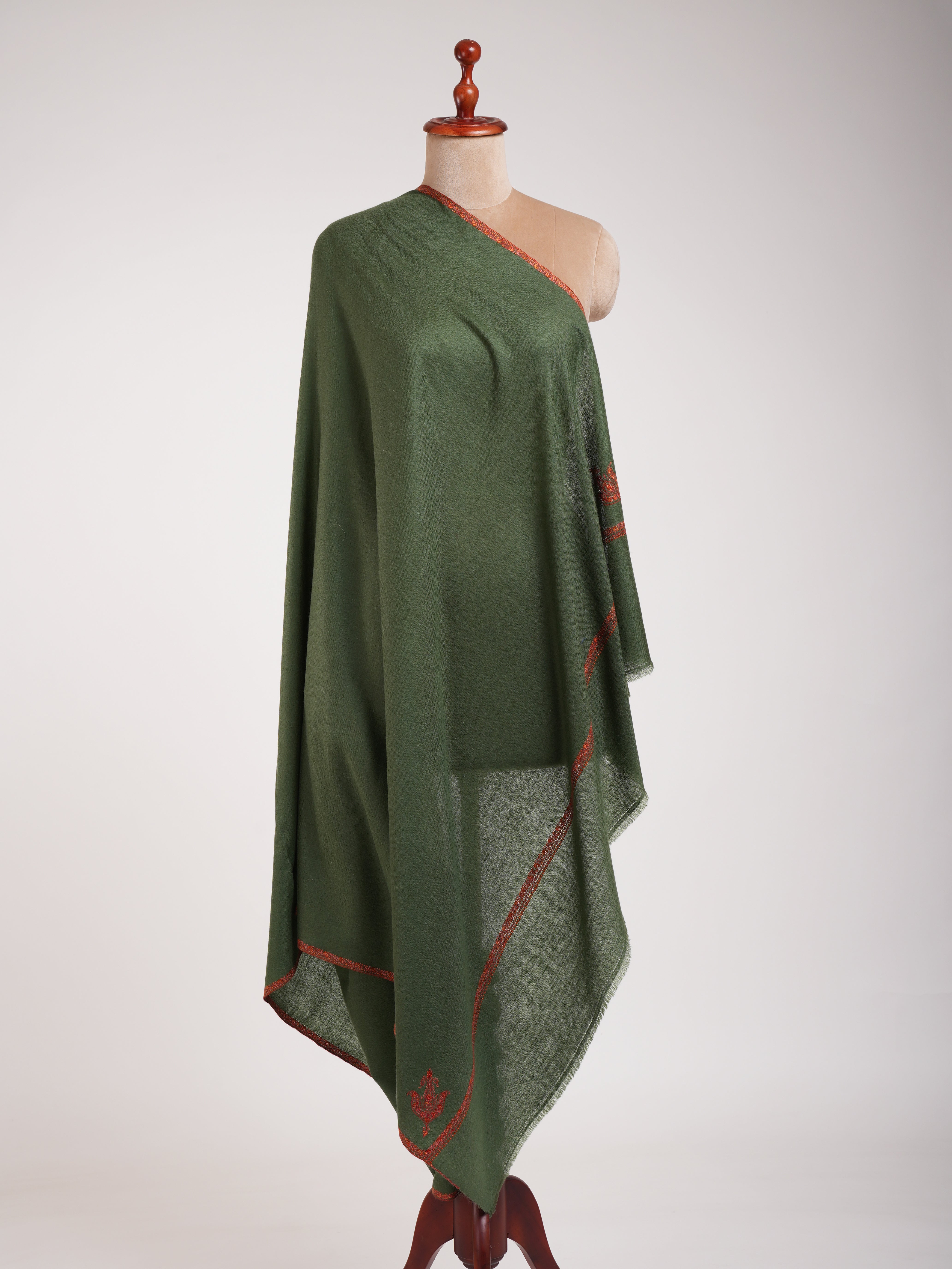 Green Bail Dar Sozni Embroidered  Kashmiri Pashmina Shawl