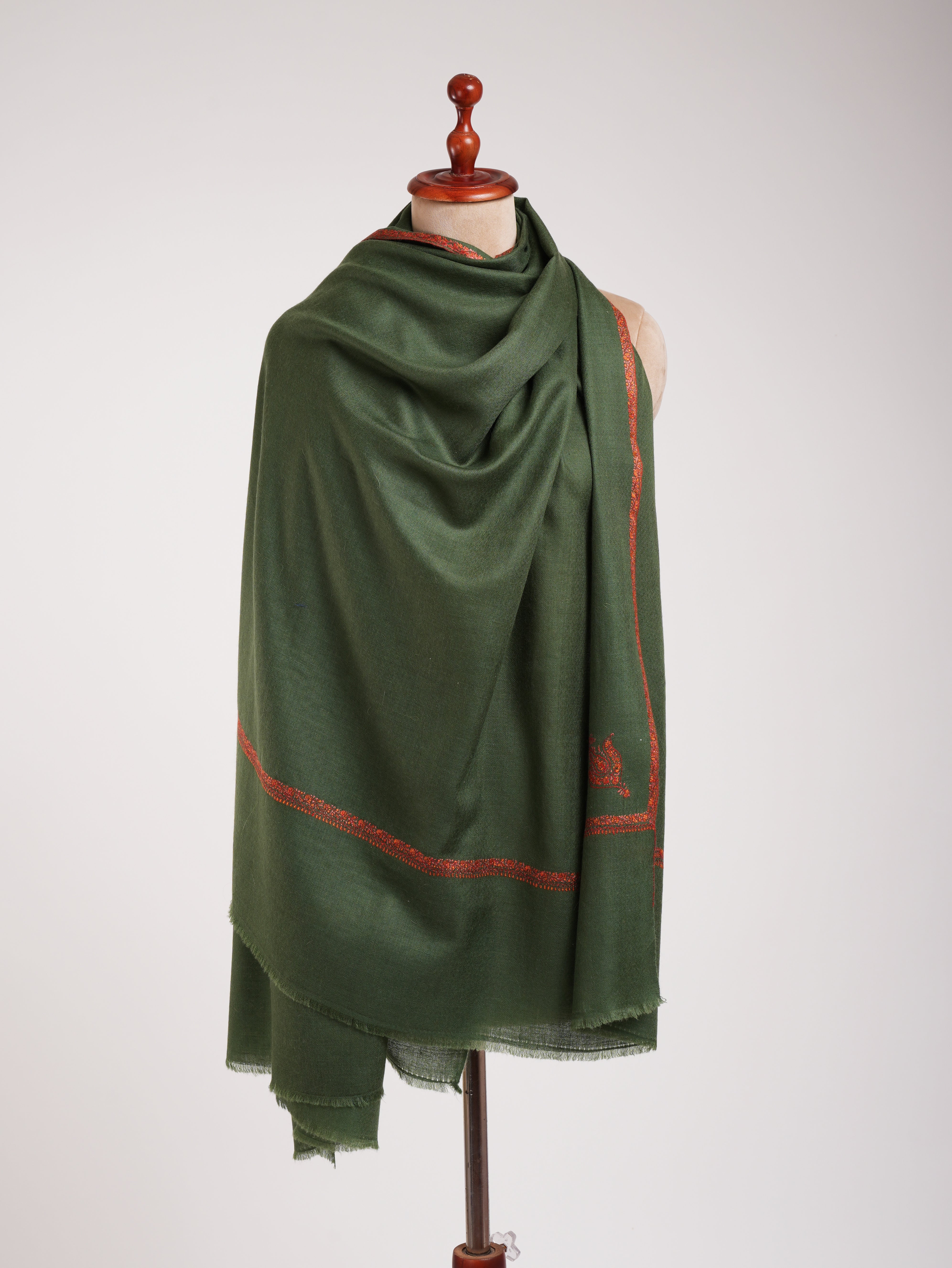 Green Bail Dar Sozni Embroidered  Kashmiri Pashmina Shawl