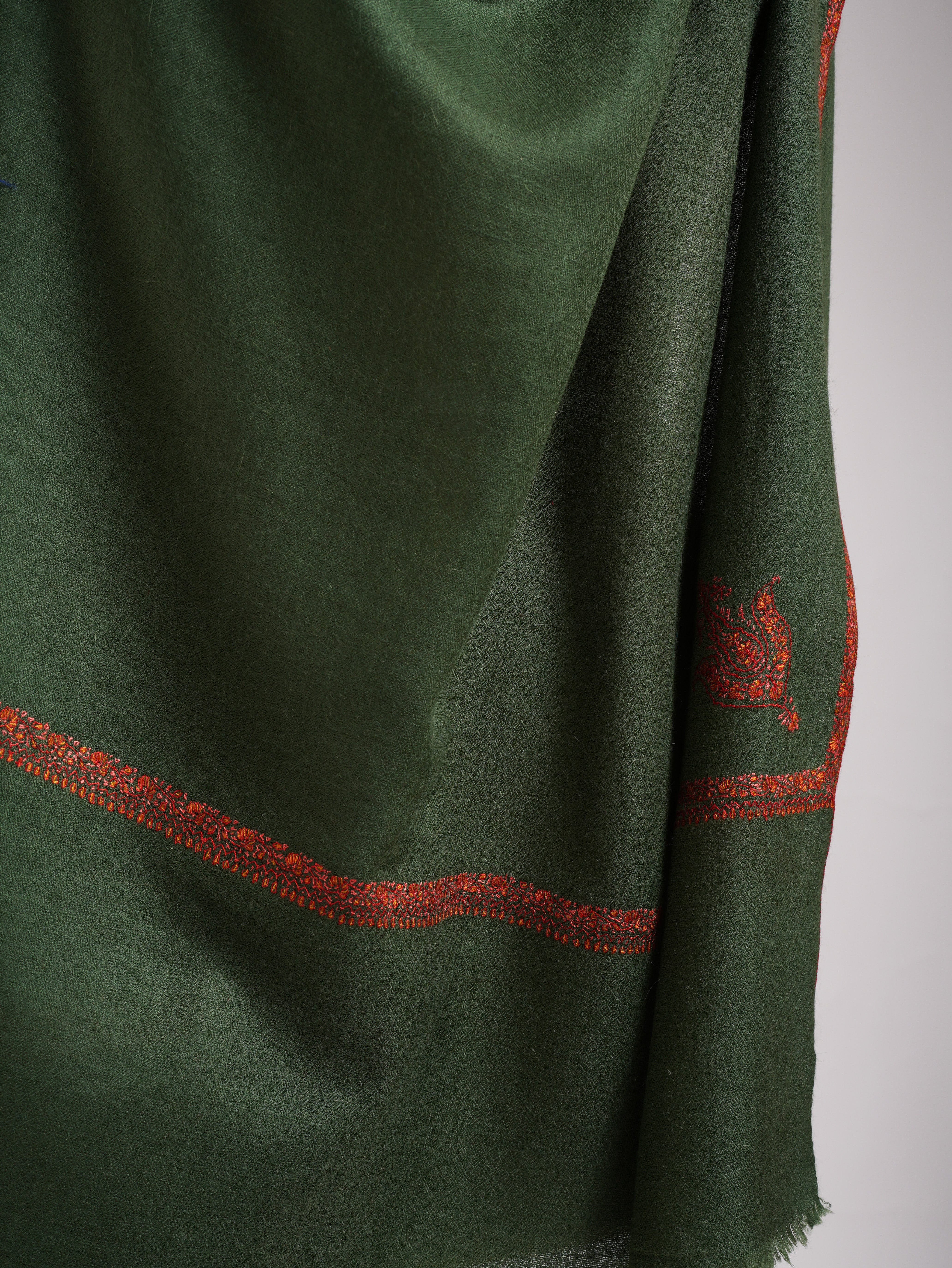 Green Bail Dar Sozni Embroidered  Kashmiri Pashmina Shawl