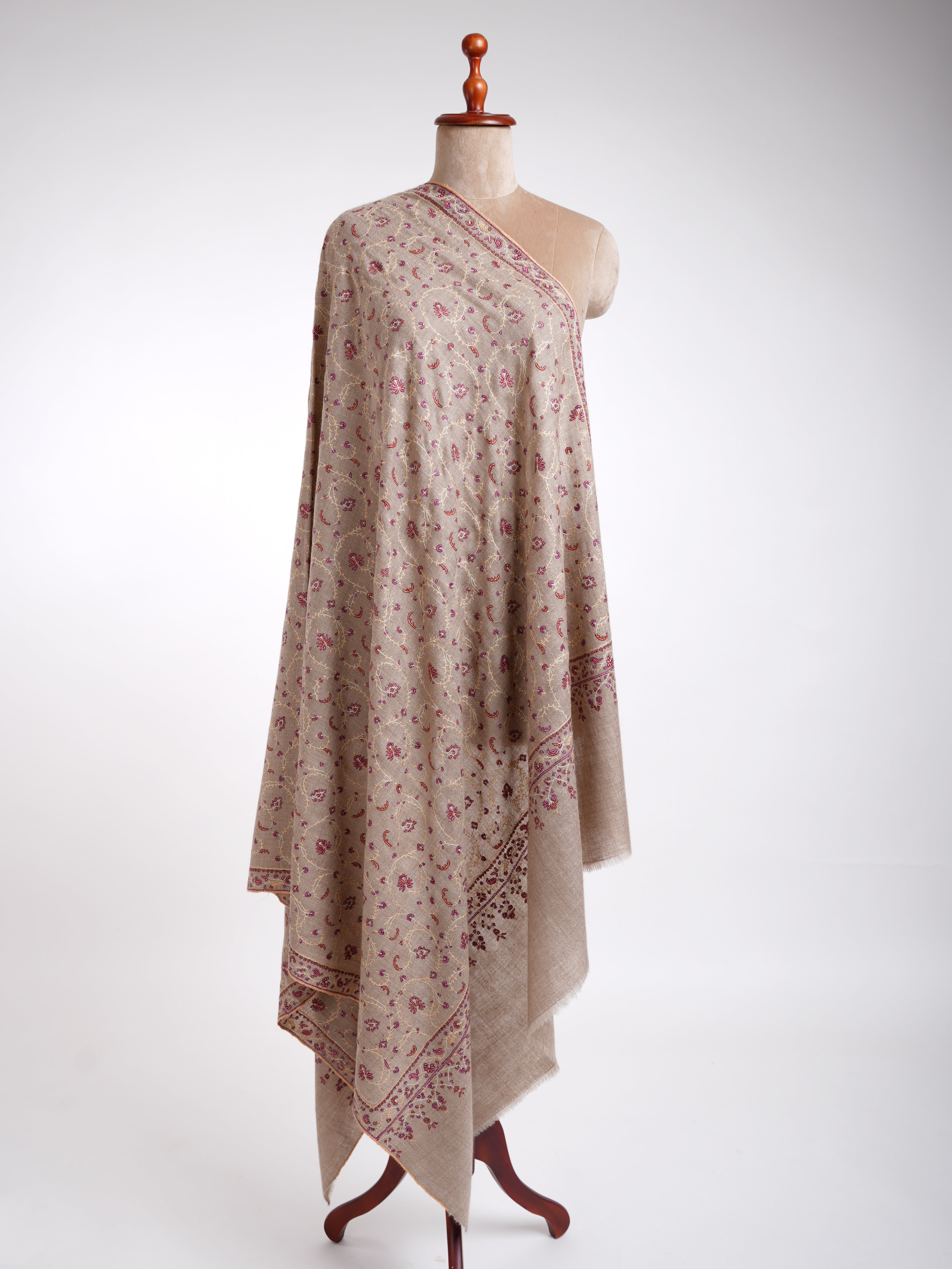 Sozni Embroidery Kashmiri Pashmina Shawl Natural