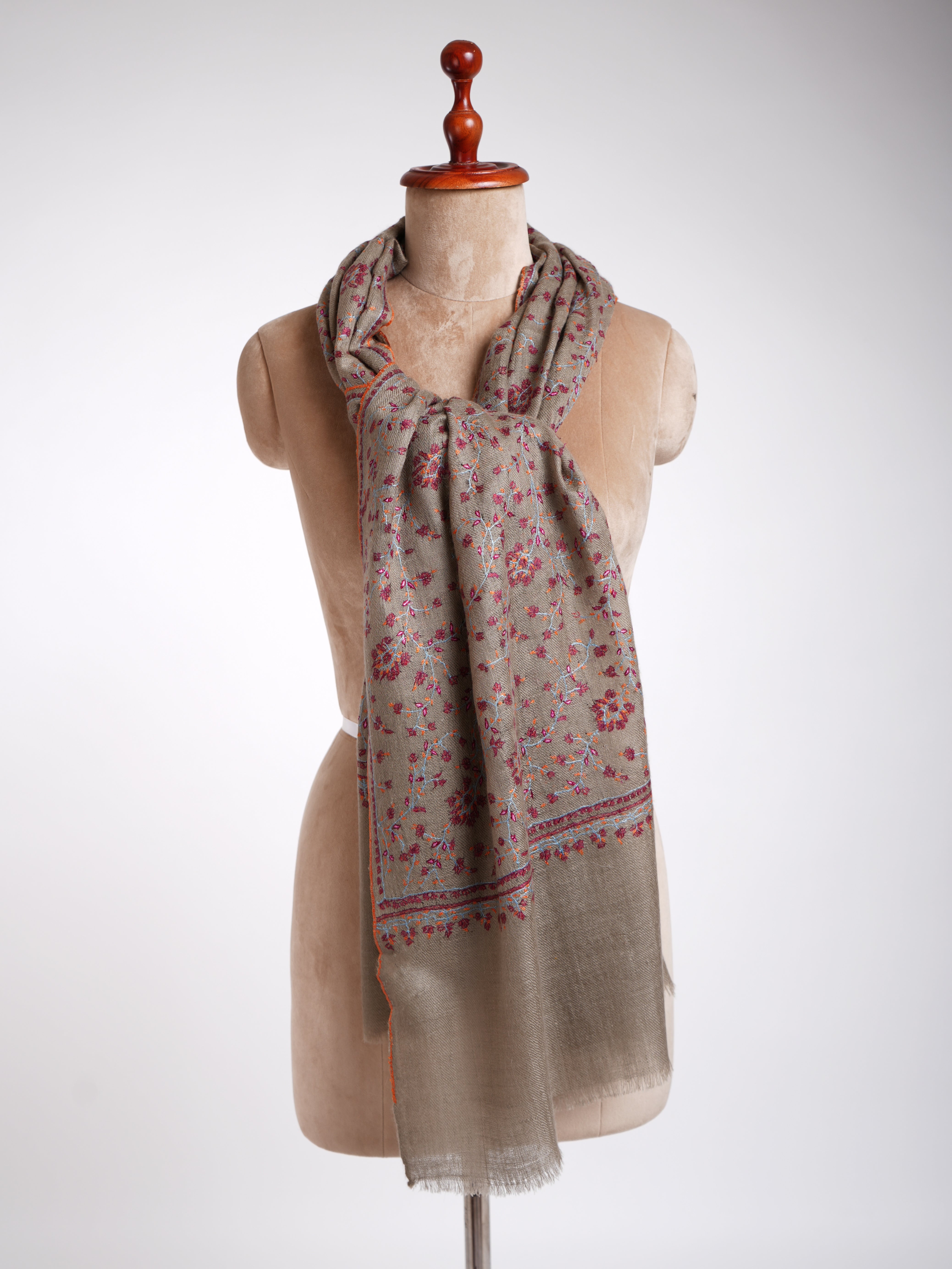 Sozni Embroidery Indian Cashmere Stole Smoke