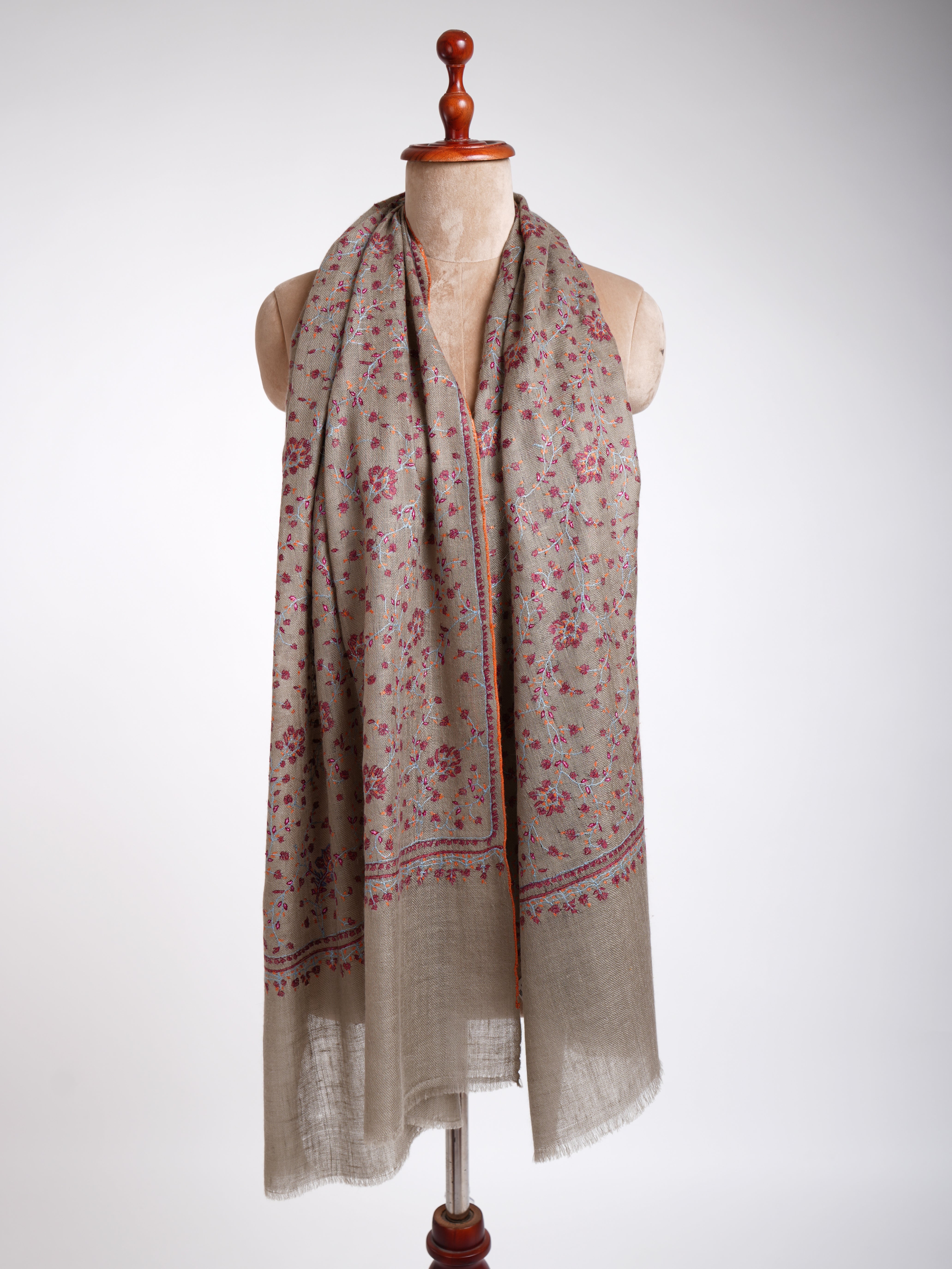 Sozni Embroidery Indian Cashmere Stole Smoke