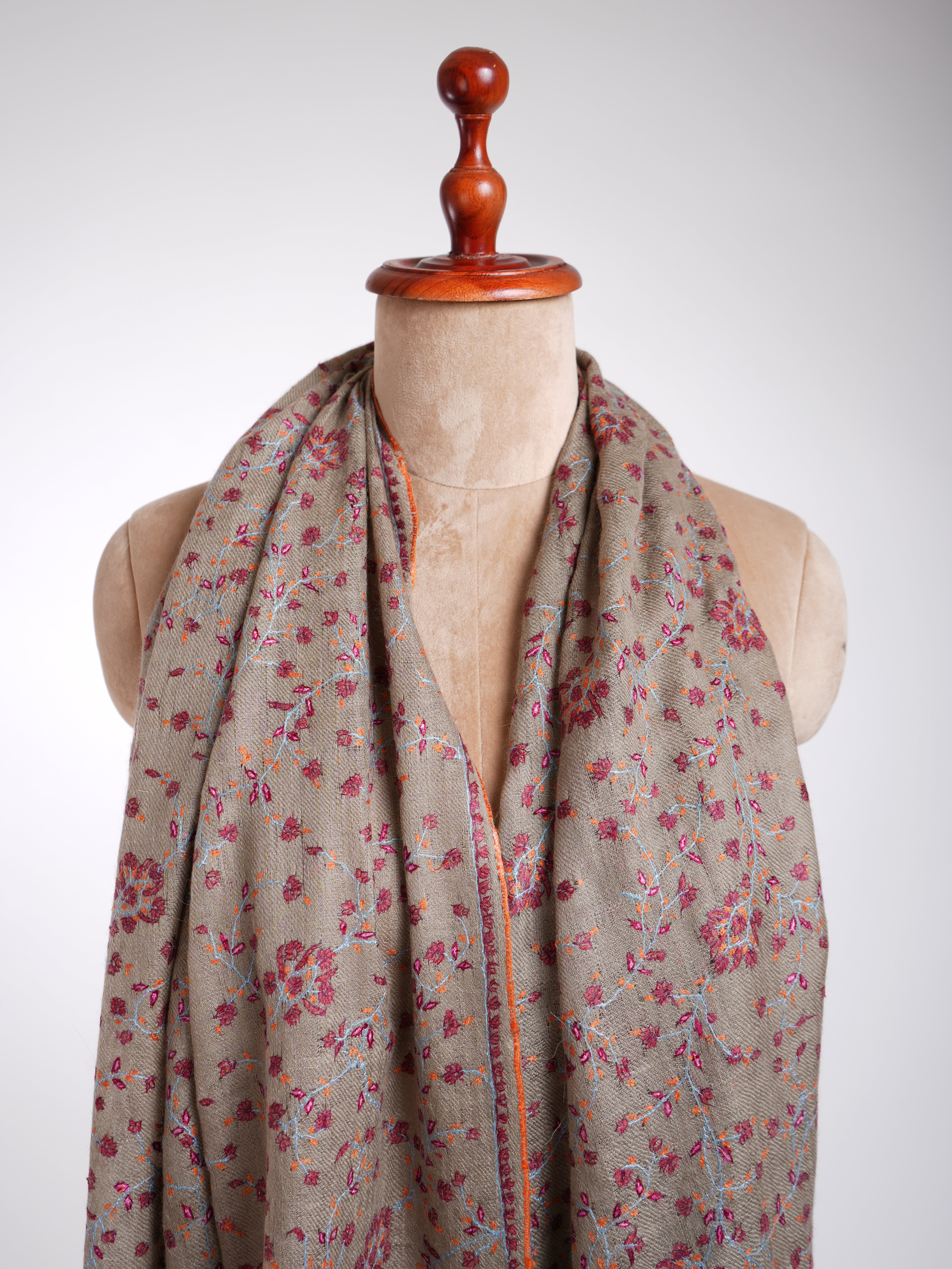 Sozni Embroidery Indian Cashmere Stole Smoke