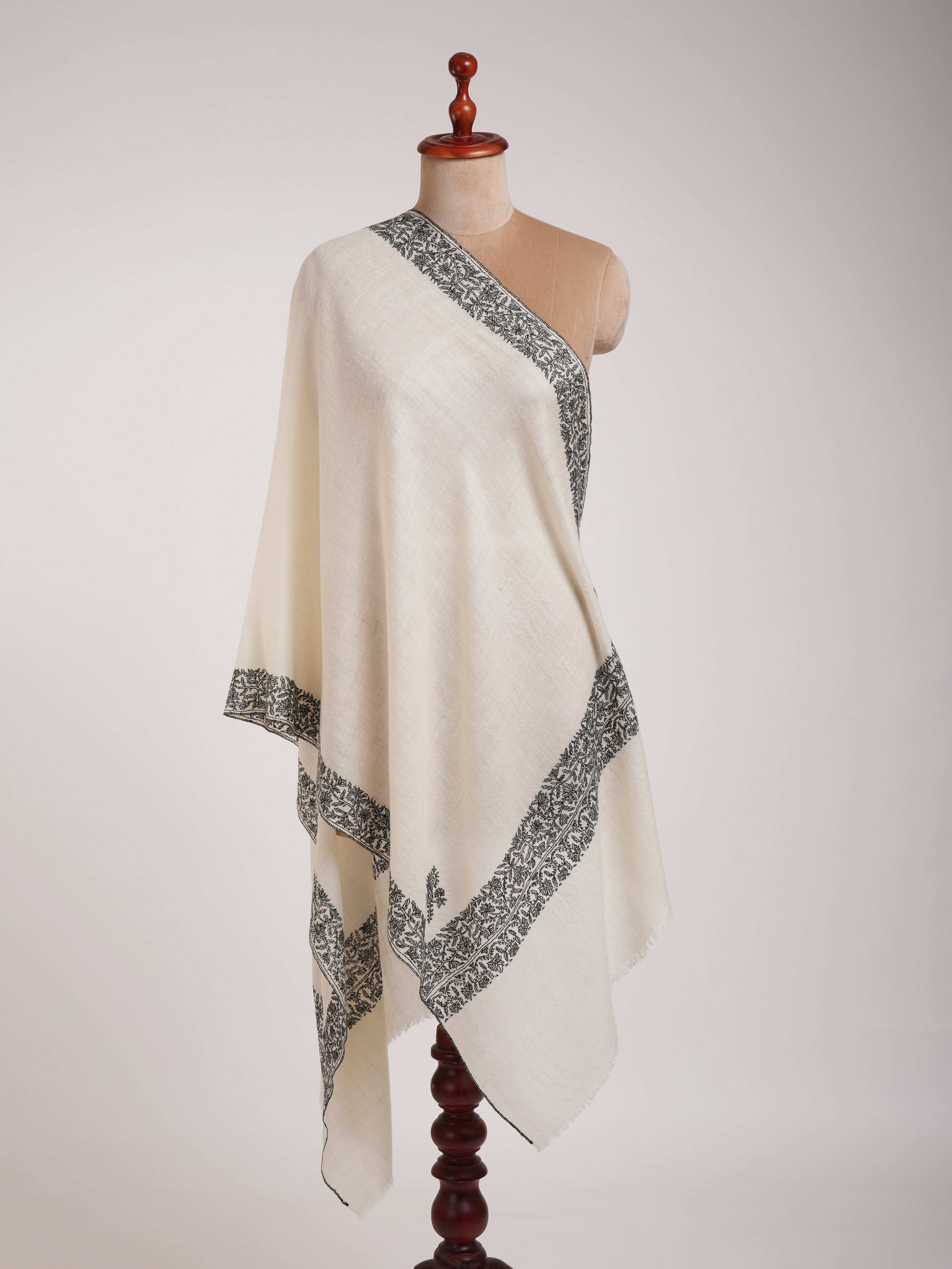 Ivory Cashmere Scarf in Black Sozni Embroidery